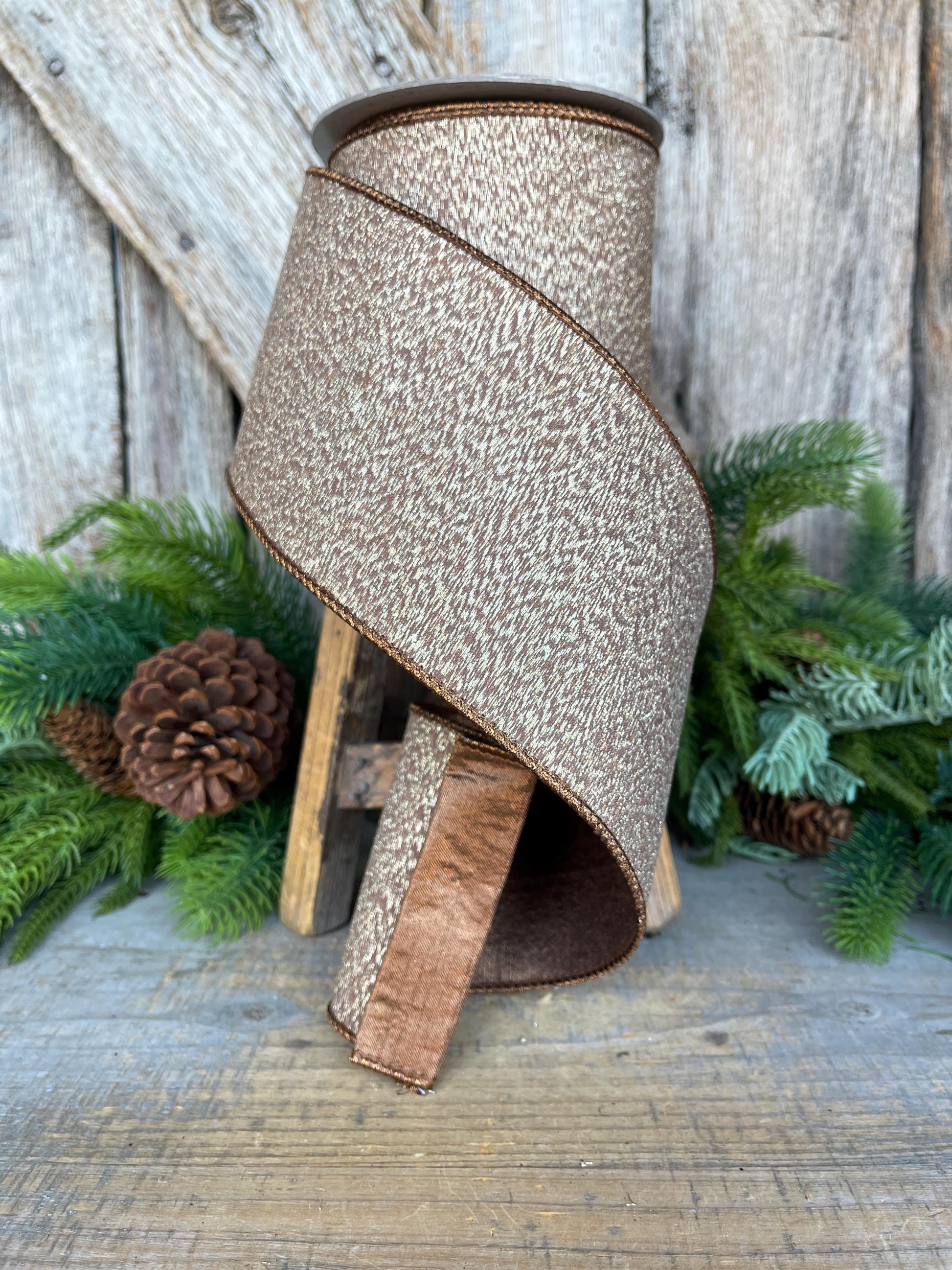4” Brown Ribbon, Cappuccino Colored ribbon, Stardust ribbon, Christmas Ribbon, Woodsy Ribbon, RK802-29