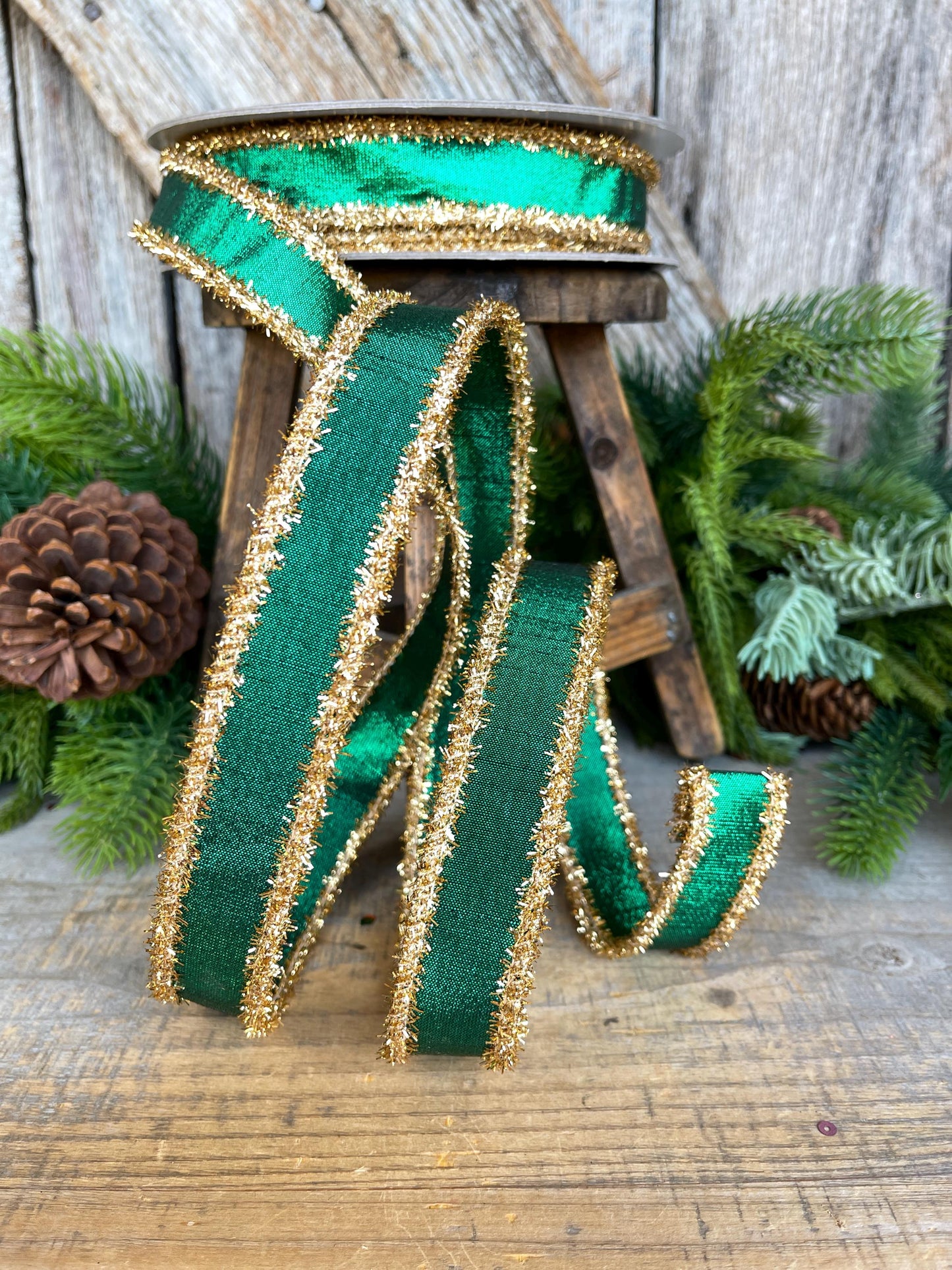 1" Emerald Green & Gold Tinsel Ribbon, Christmas Ribbon, Farrisilk ribbon, 1" x 10 yards