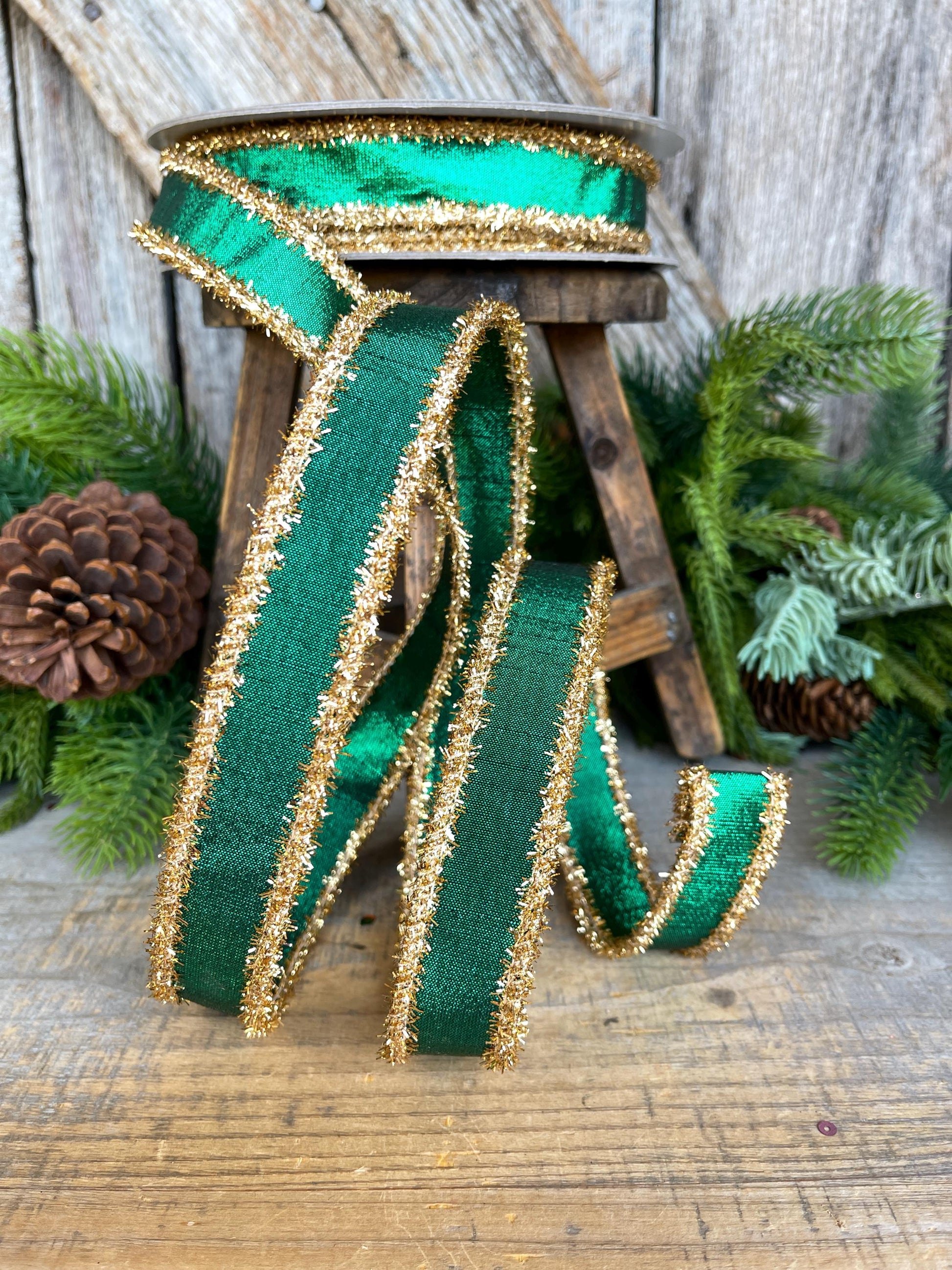 1" Emerald Green & Gold Tinsel Ribbon, Christmas Ribbon, Farrisilk ribbon, 1" x 10 yards