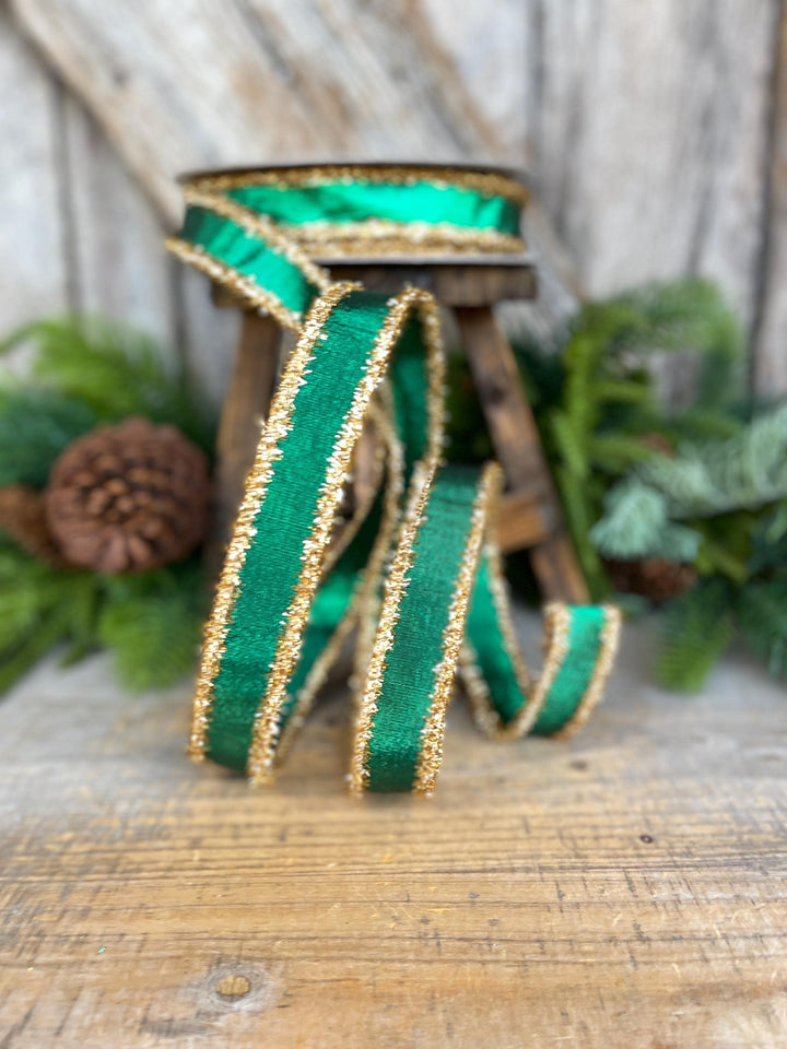 1" Emerald Green &amp; Gold Tinsel Ribbon, Christmas Ribbon