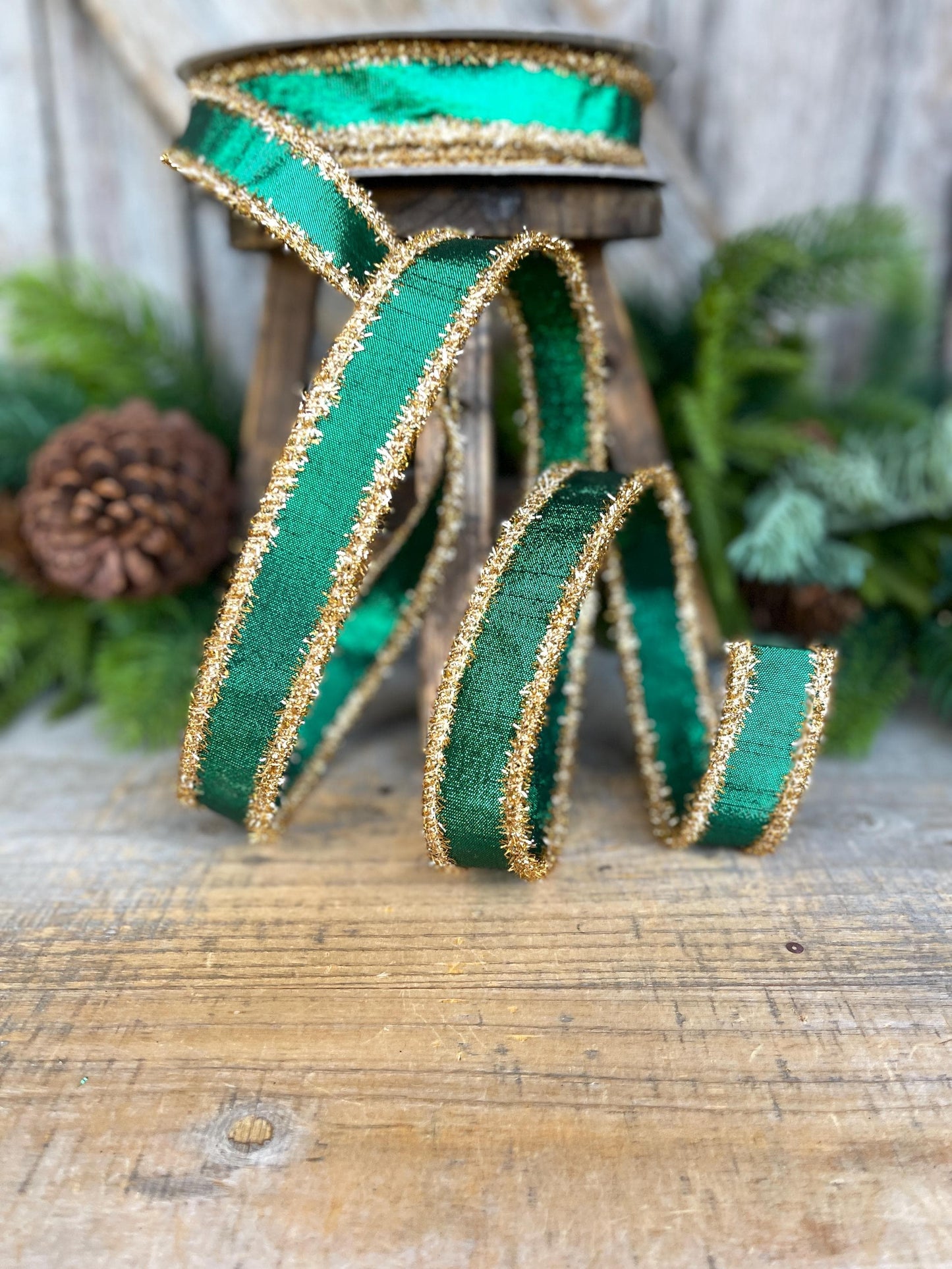 1" Emerald Green & Gold Tinsel Ribbon, Christmas Ribbon, Farrisilk ribbon, 1" x 10 yards