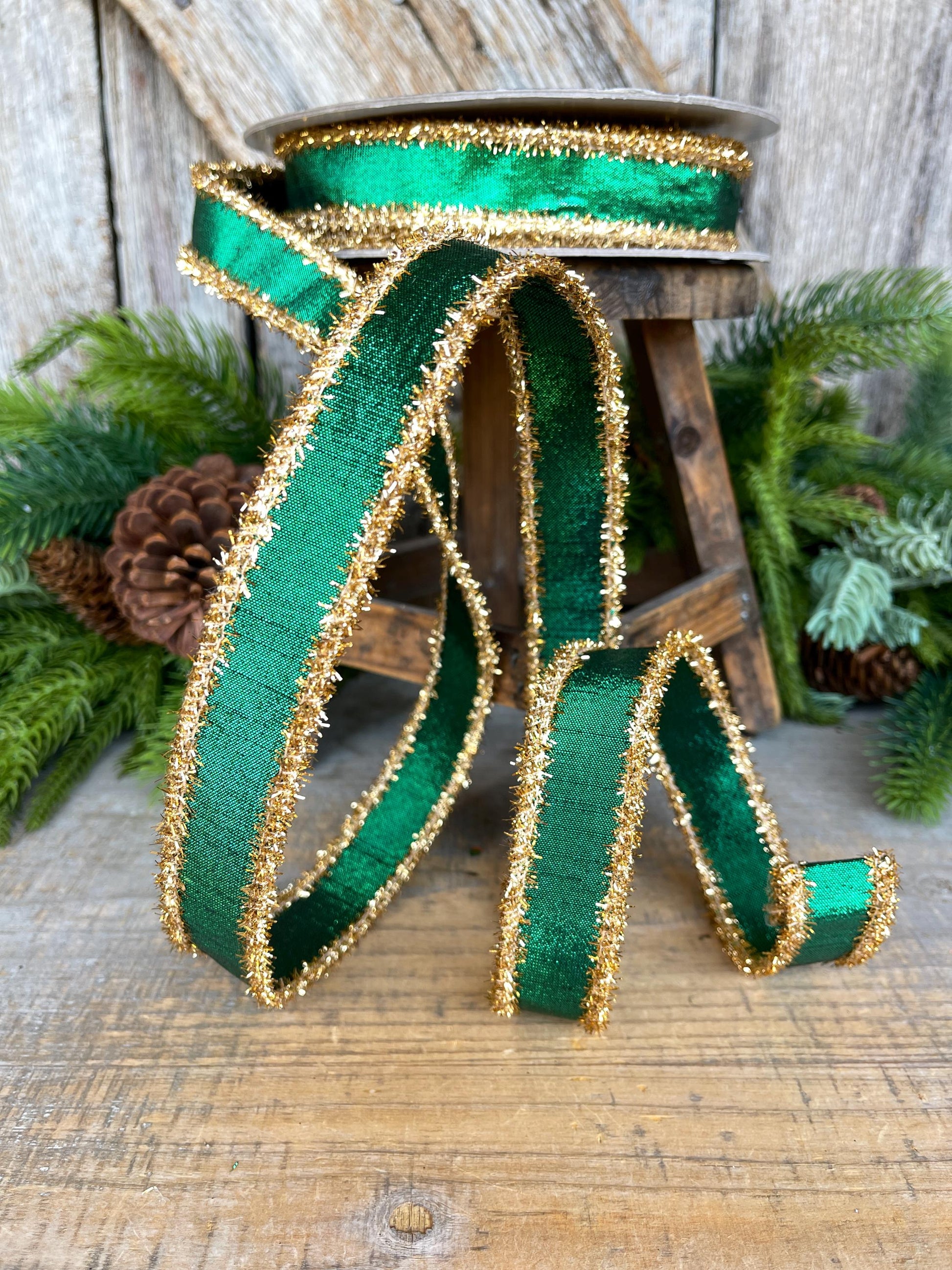 1" Emerald Green & Gold Tinsel Ribbon, Christmas Ribbon, Farrisilk ribbon, 1" x 10 yards