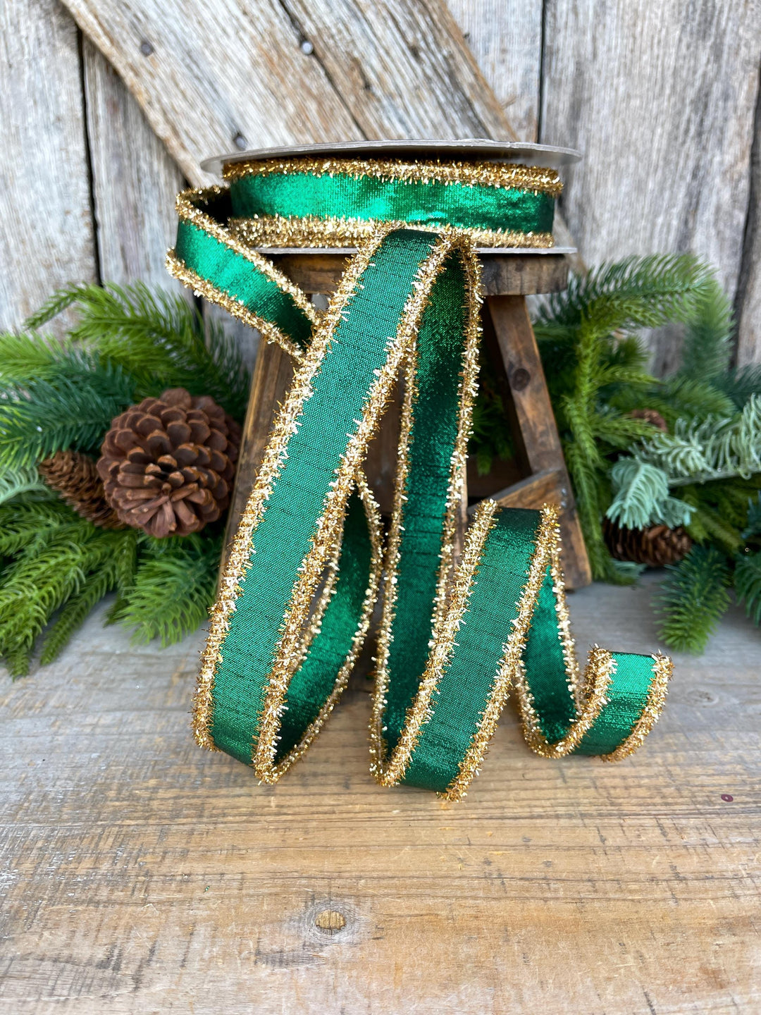 1" Emerald Green &amp; Gold Tinsel Ribbon, Christmas Ribbon, Farrisilk ribbon