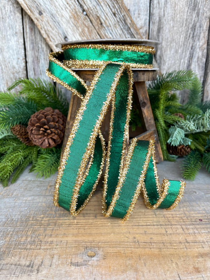 1" Emerald Green &amp; Gold Tinsel Ribbon, Christmas Ribbon, Farrisilk ribbon