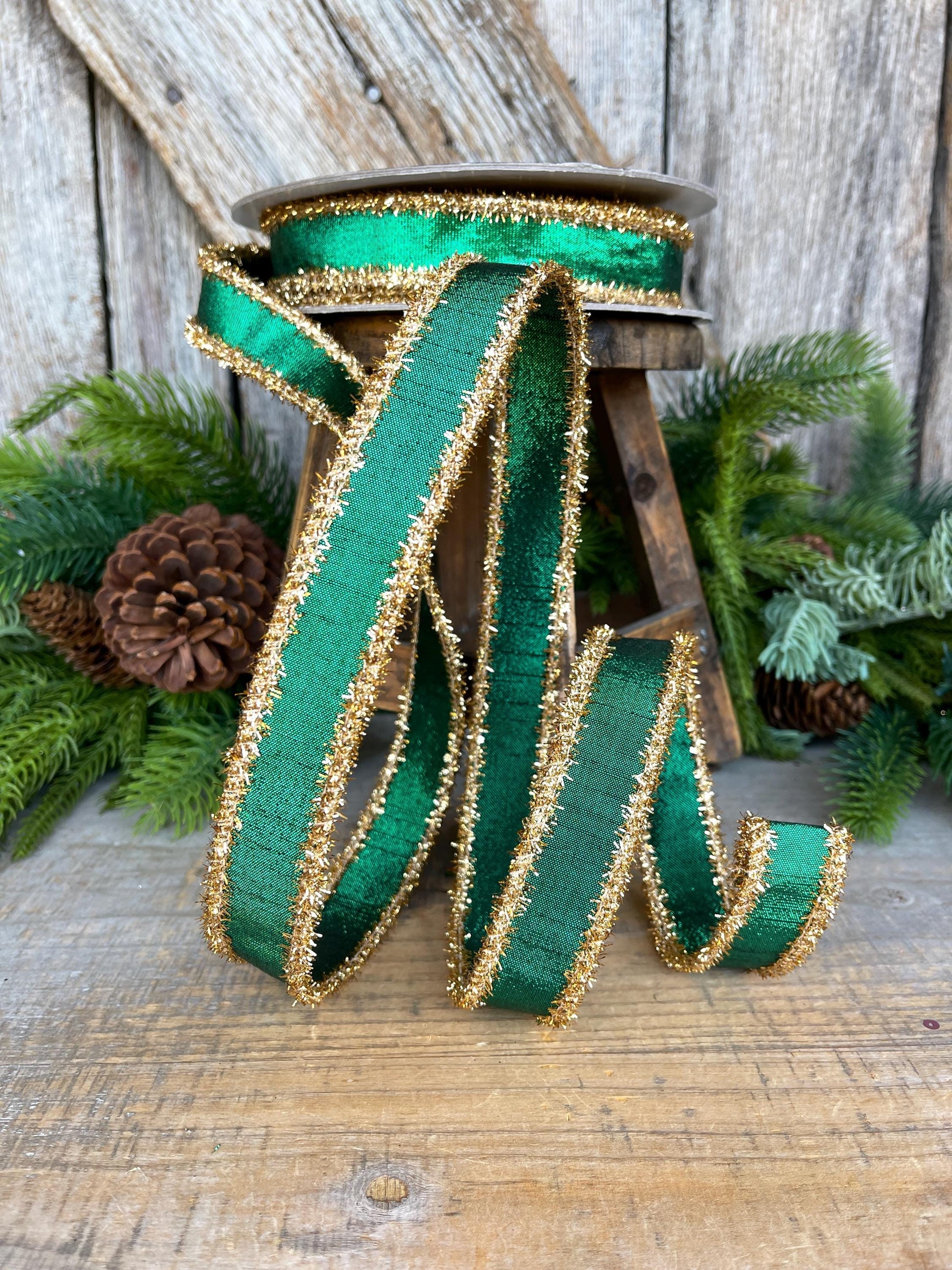 1" Emerald Green & Gold Tinsel Ribbon, Christmas Ribbon, Farrisilk ribbon, 1" x 10 yards