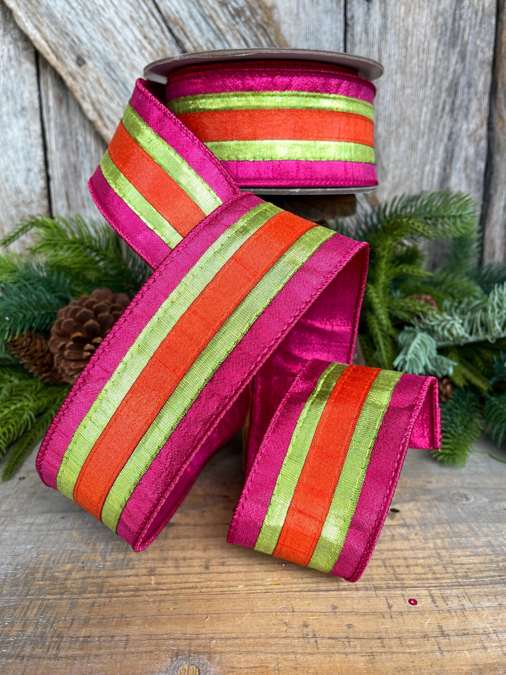 2.5" Christmas Striped Ribbon, Hot PInk Orange Ribbon, Farrisilk ribbon, 2.5" x 10yds, Classic Stripes, RK886-08