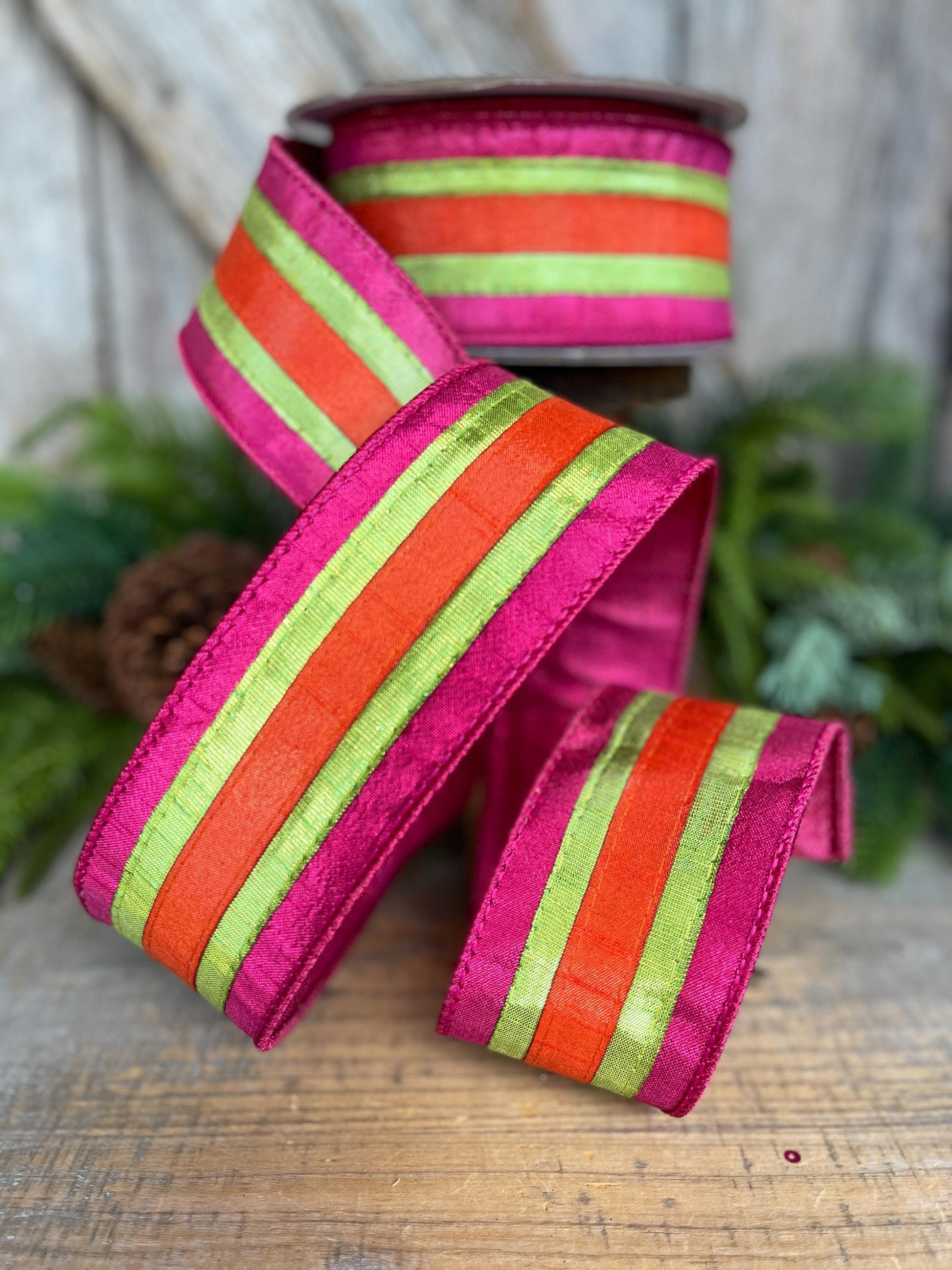 2.5" Christmas Striped Ribbon, Hot PInk Orange Ribbon, Farrisilk ribbon, 2.5" x 10yds, Classic Stripes, RK886-08