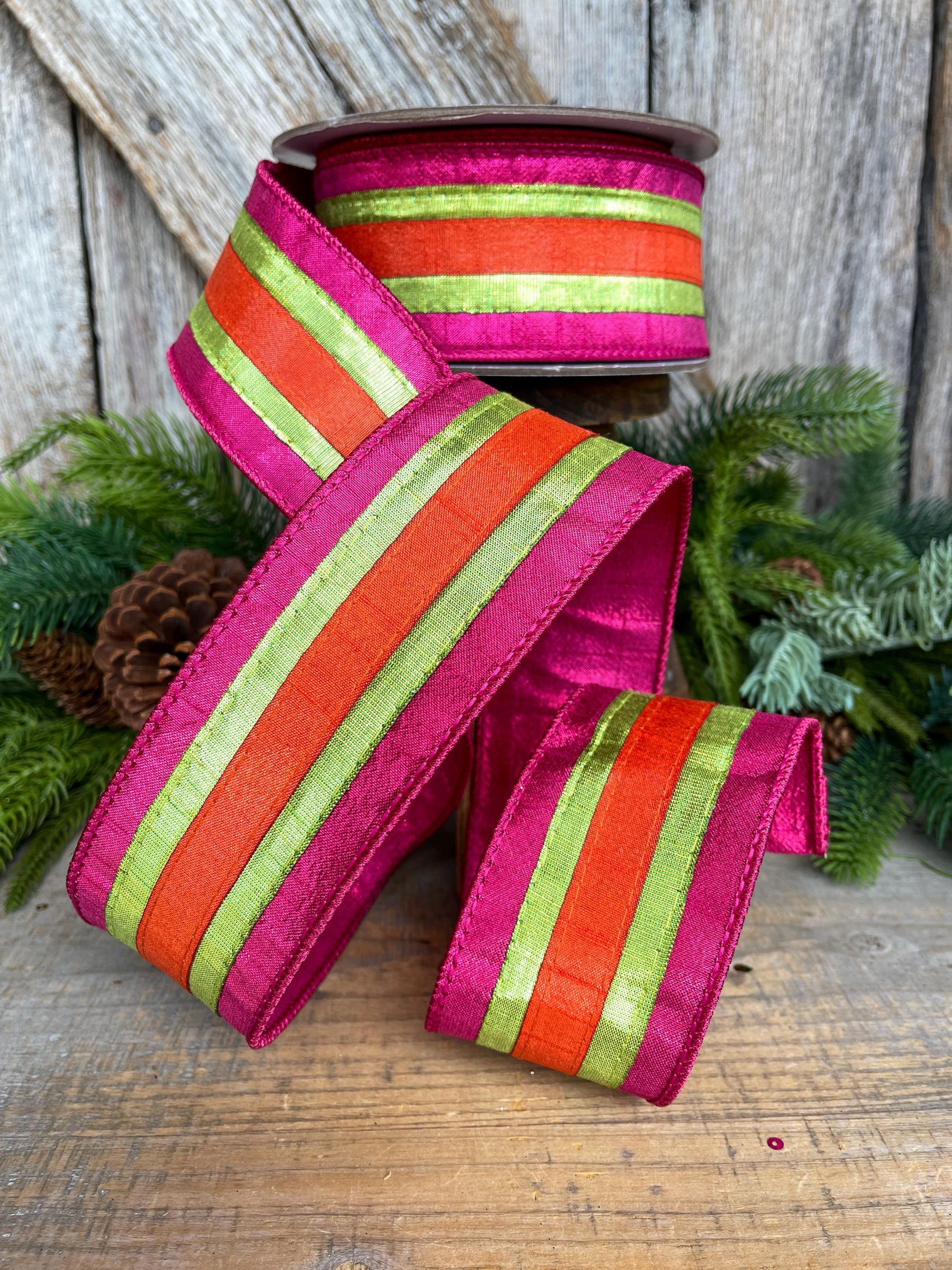 2.5" Christmas Striped Ribbon, Hot PInk Orange Ribbon, Farrisilk ribbon, 2.5" x 10yds, Classic Stripes, RK886-08