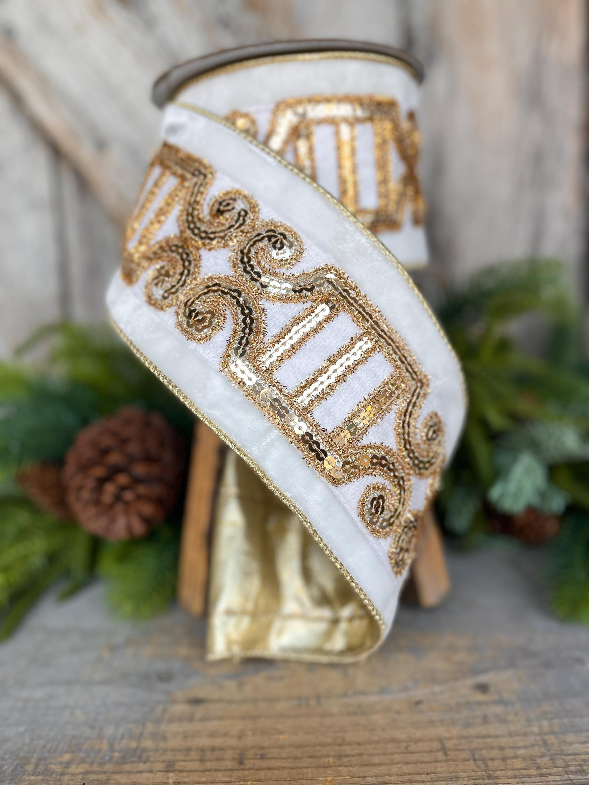 4" Ivory Velvet Ribbon, Ivory Gold Plush Nutcracker Ribbon, Farrisilk Ribbon, Ivory Christmas Ribbon, RK822-62