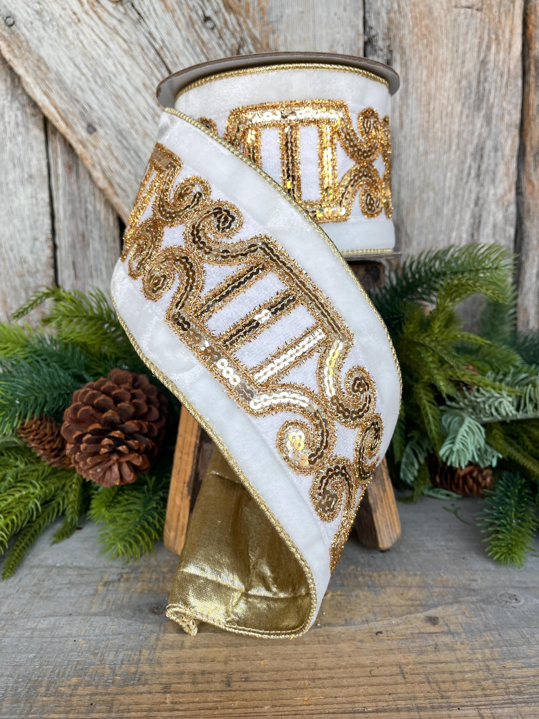 4" Ivory Velvet Ribbon, Ivory Gold Plush Nutcracker Ribbon, Farrisilk Ribbon