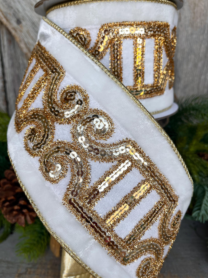 4" Ivory Velvet Ribbon, Ivory Gold Plush Nutcracker Ribbon