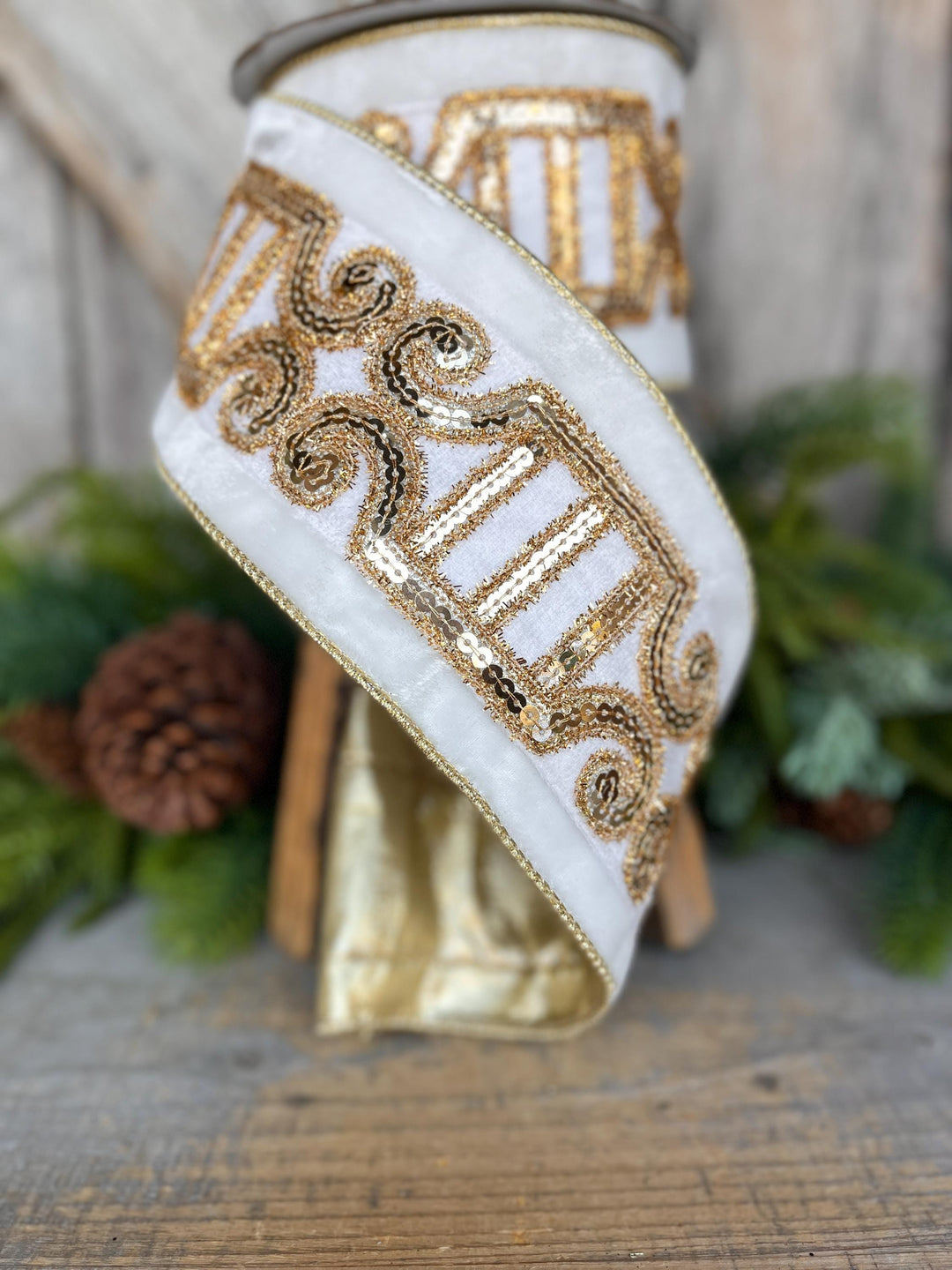 4" Ivory Velvet Ribbon, Ivory Gold Plush Nutcracker Ribbon