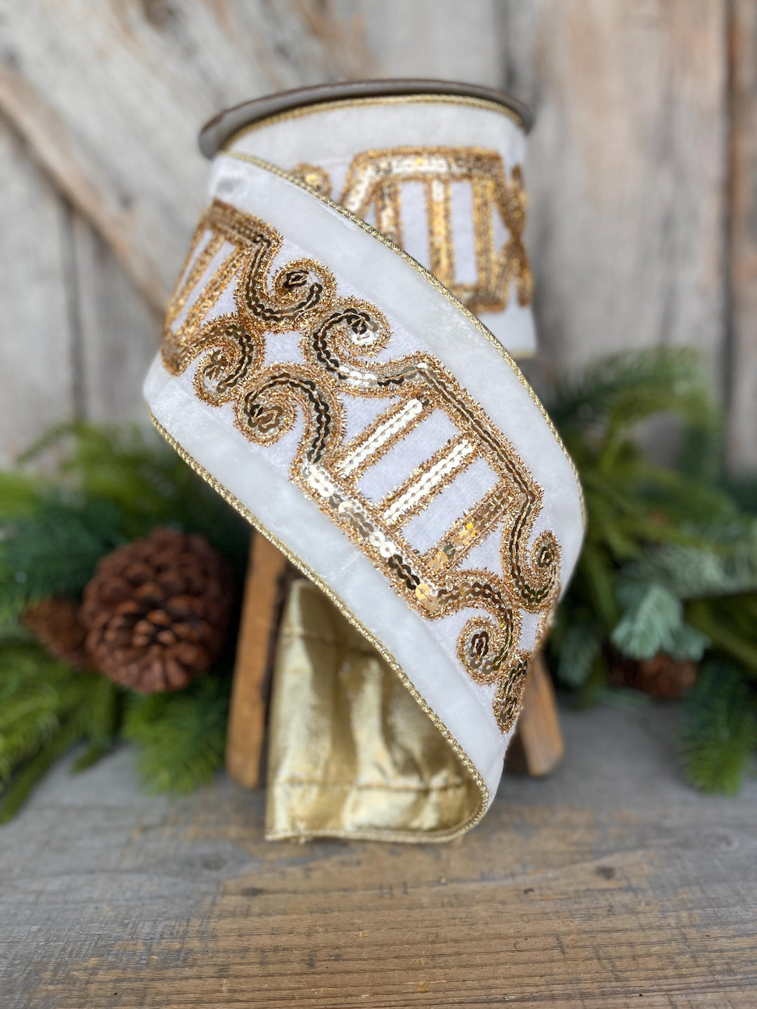 4" Ivory Velvet Ribbon, Ivory Gold Plush Nutcracker Ribbon, Farrisilk Ribbon