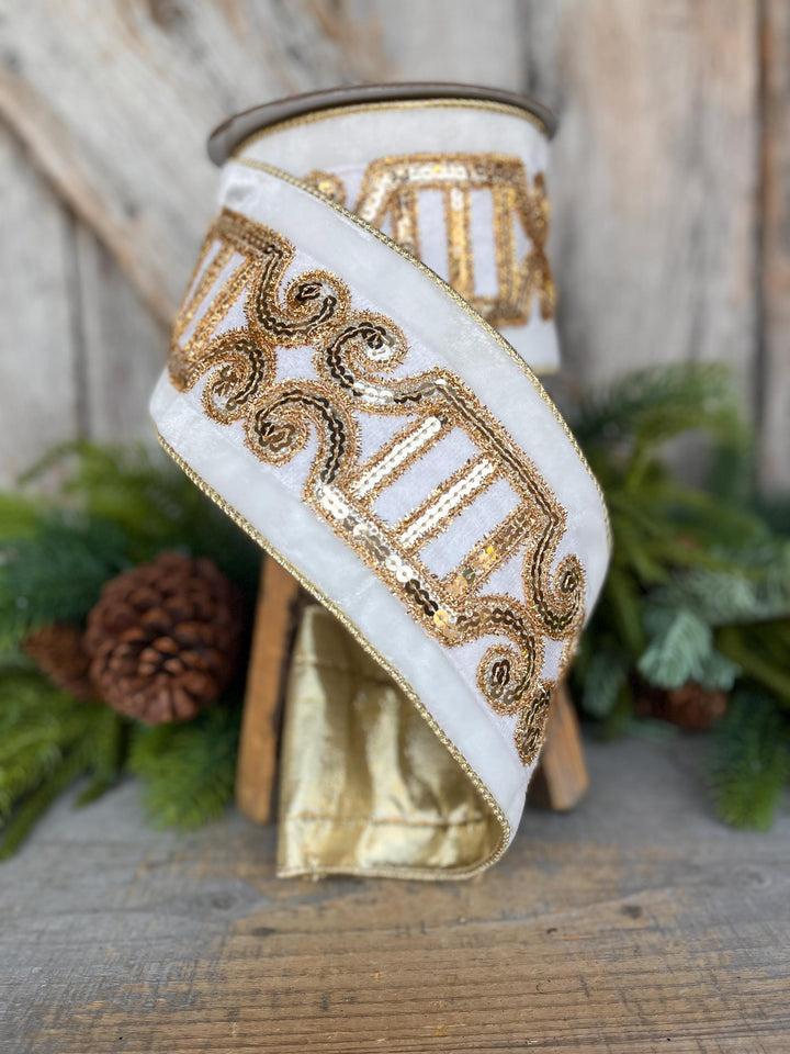 4" Ivory Velvet Ribbon, Ivory Gold Plush Nutcracker Ribbon, Farrisilk Ribbon