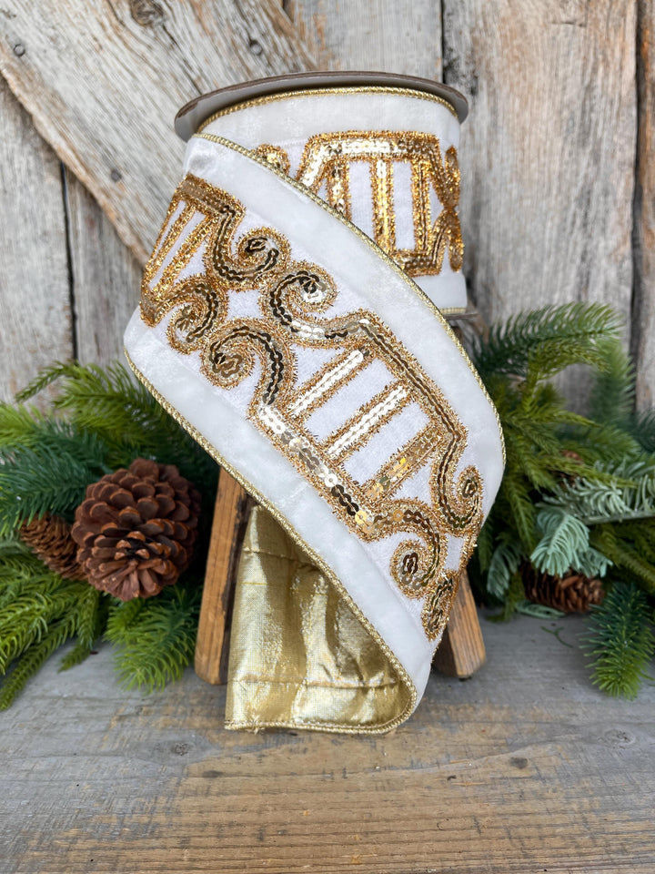 4" Ivory Velvet Ribbon, Ivory Gold Plush Nutcracker Ribbon, Farrisilk Ribbon