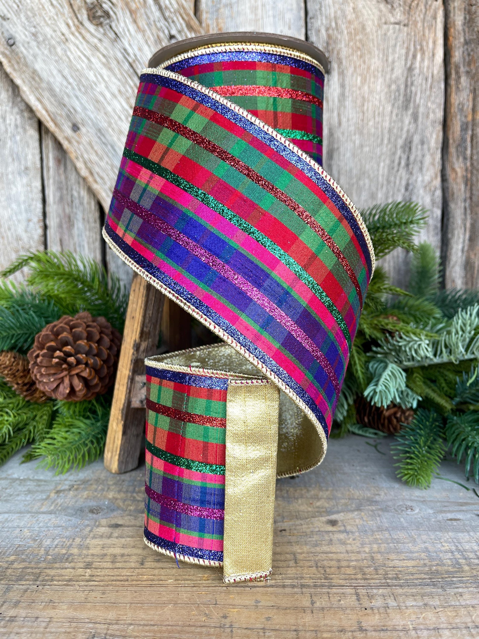 4" Christmas Glitter Plaid Ribbon, Farrisilk Ribbon, Christmas Designer Ribbon, RG796-32