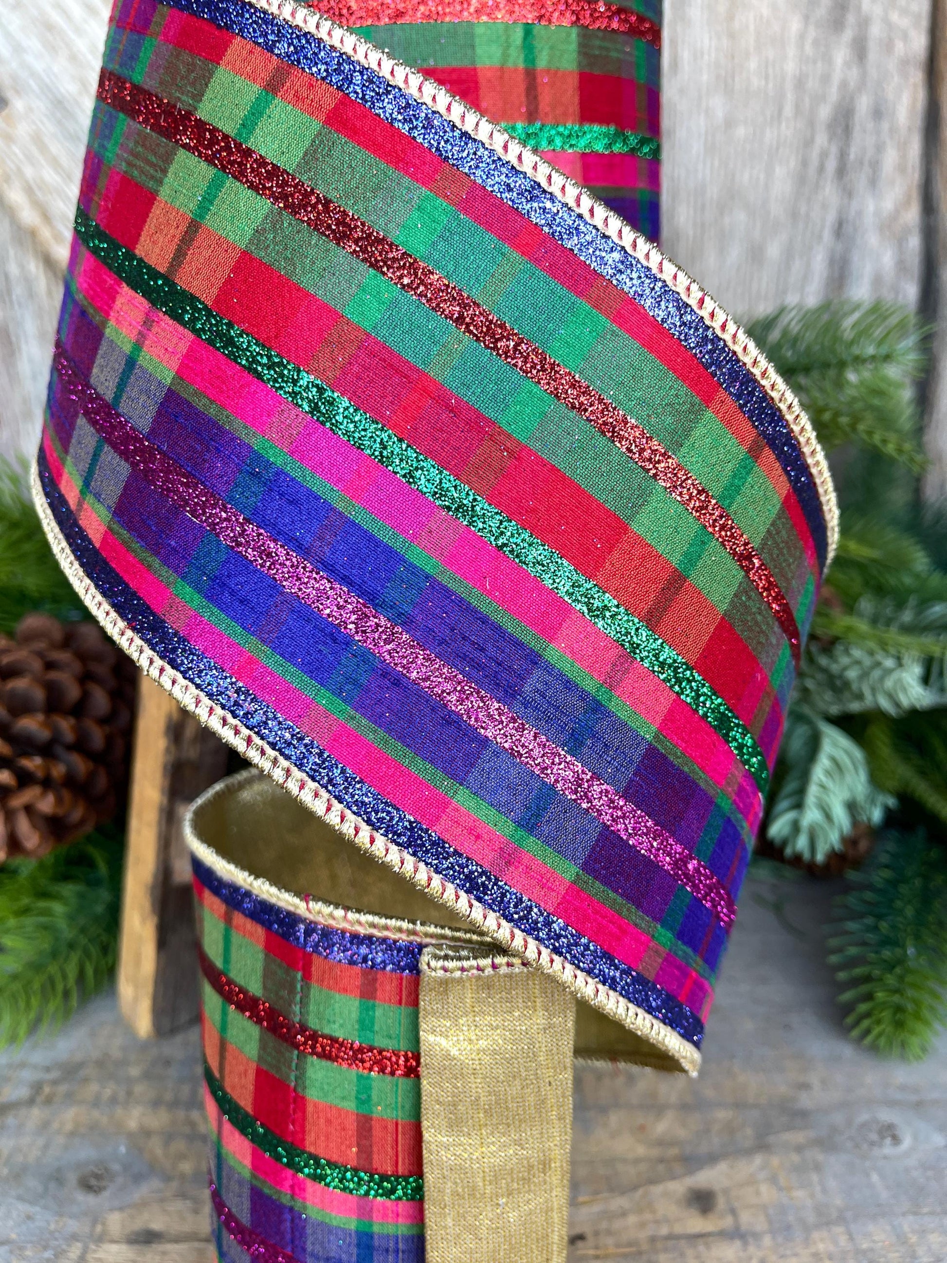 4" Christmas Glitter Plaid Ribbon, Farrisilk Ribbon, Christmas Designer Ribbon, RG796-32