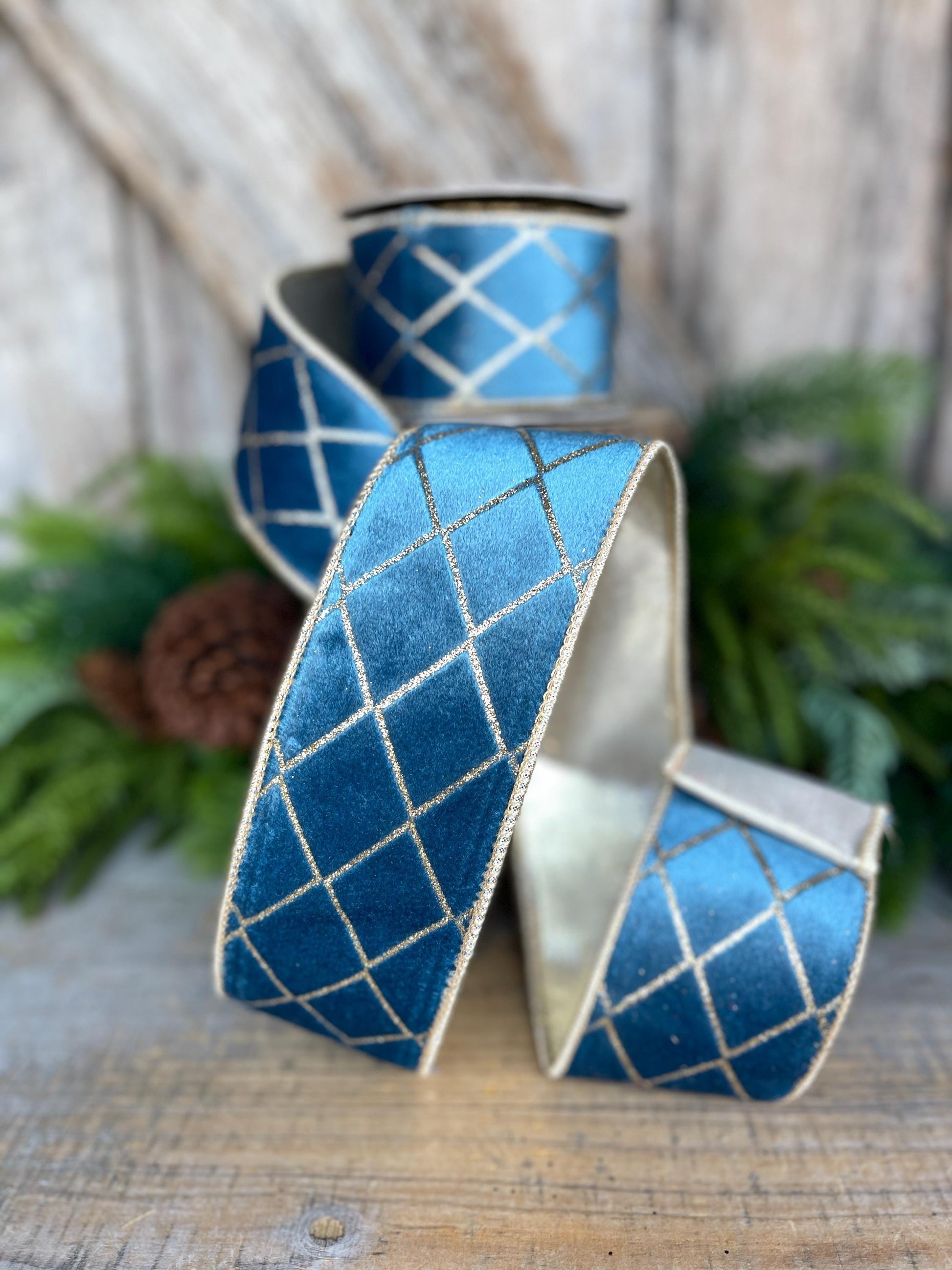 2.5" Dusty BLUE Metallic Diamonds Velvet Ribbon, Blue Christmas Ribbon