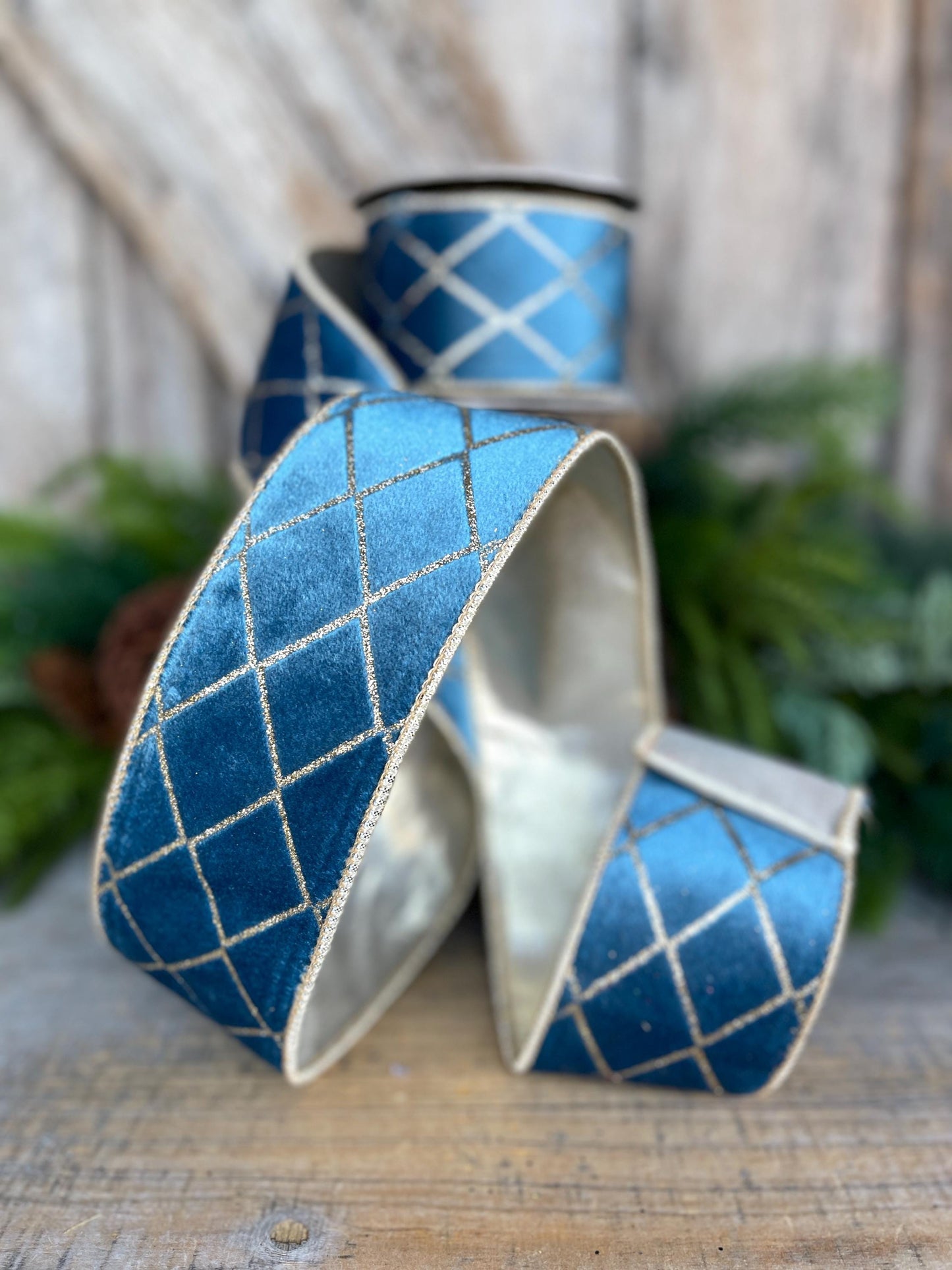 2.5" Dusty BLUE Metallic Diamonds Velvet Ribbon, Blue Christmas Ribbon