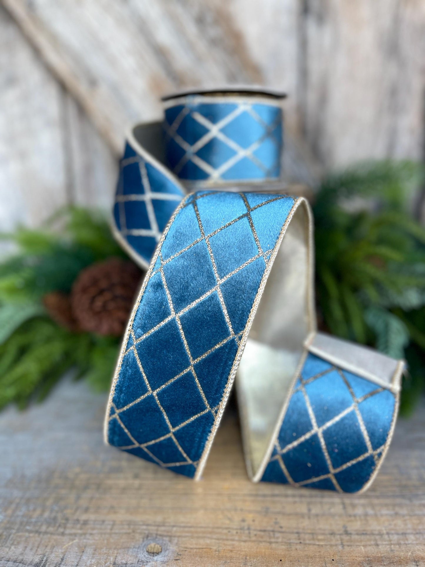 2.5" Dusty BLUE Metallic Diamonds Velvet Ribbon, Blue Christmas Ribbon