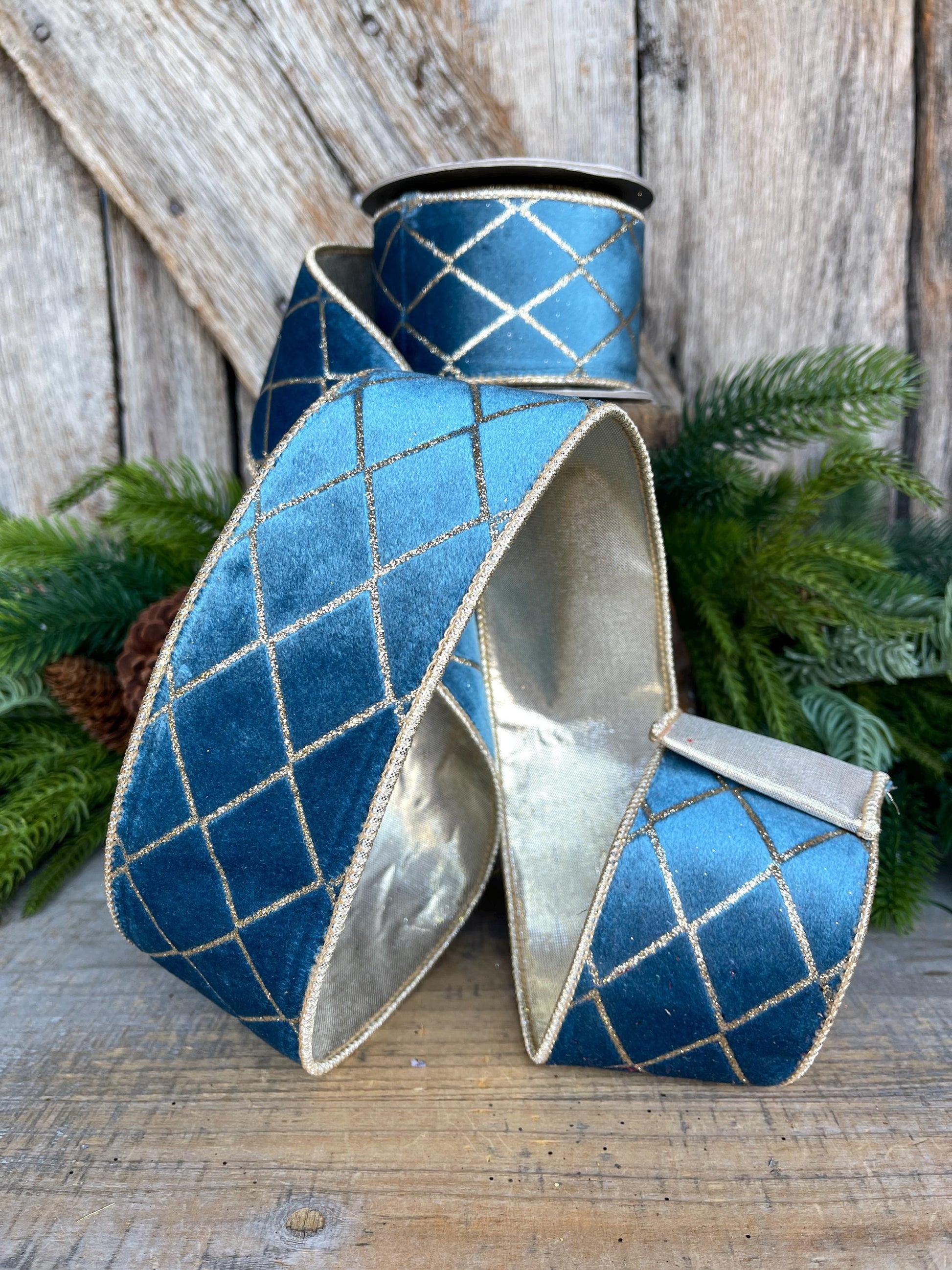 2.5" Dusty BLUE Metallic Diamonds Velvet Ribbon, Blue Christmas Ribbon