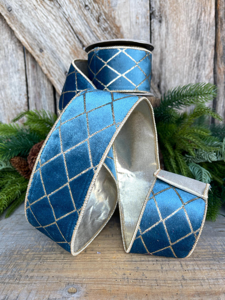 2.5" Dusty BLUE Metallic Diamonds Velvet Ribbon, Blue Christmas Ribbon