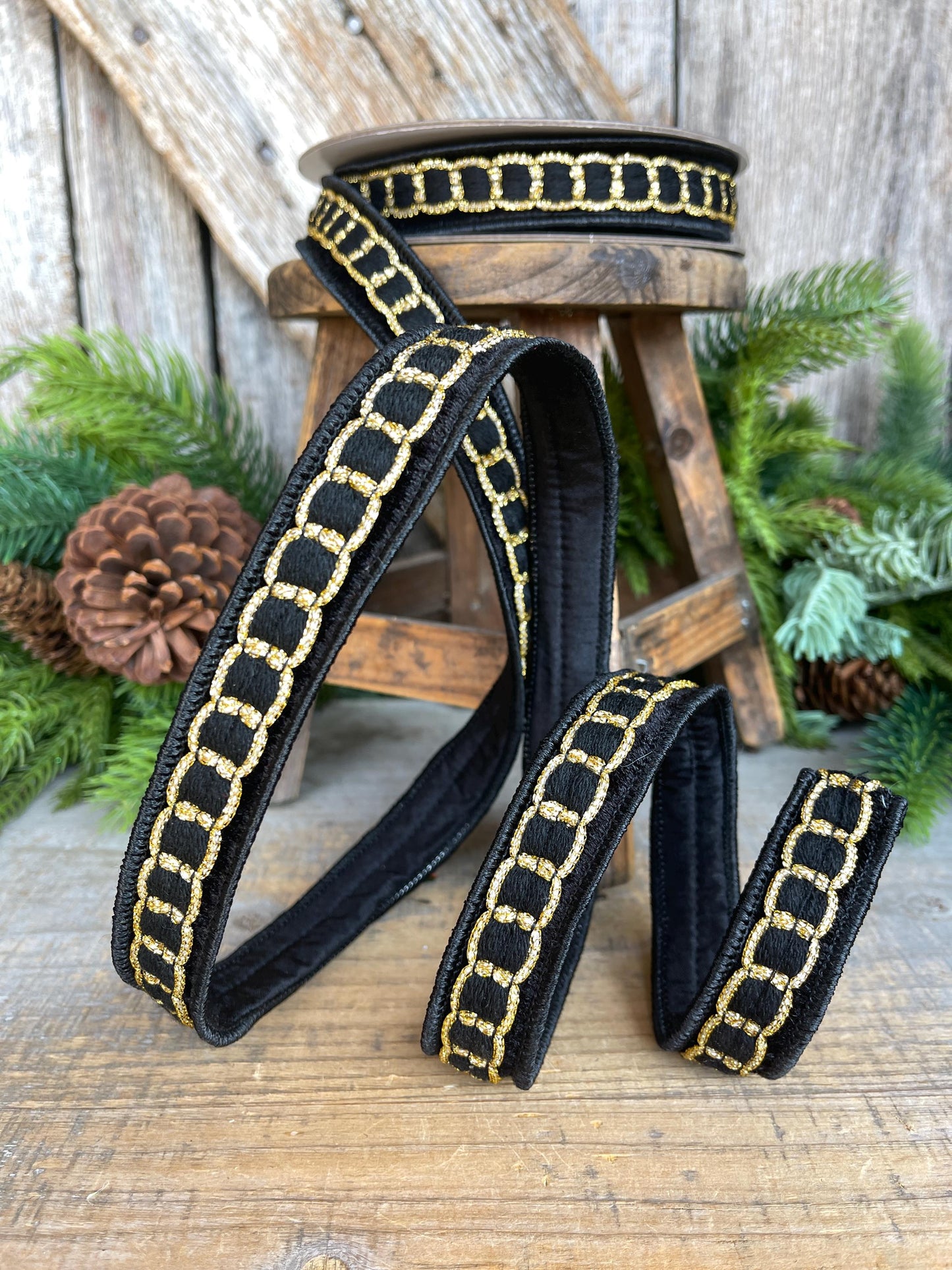 1" Black Gold Chain Ribbon, Farrisilk Ribbon, Beverly Chain Ribbon, Christmas Ribbon, RC270-92