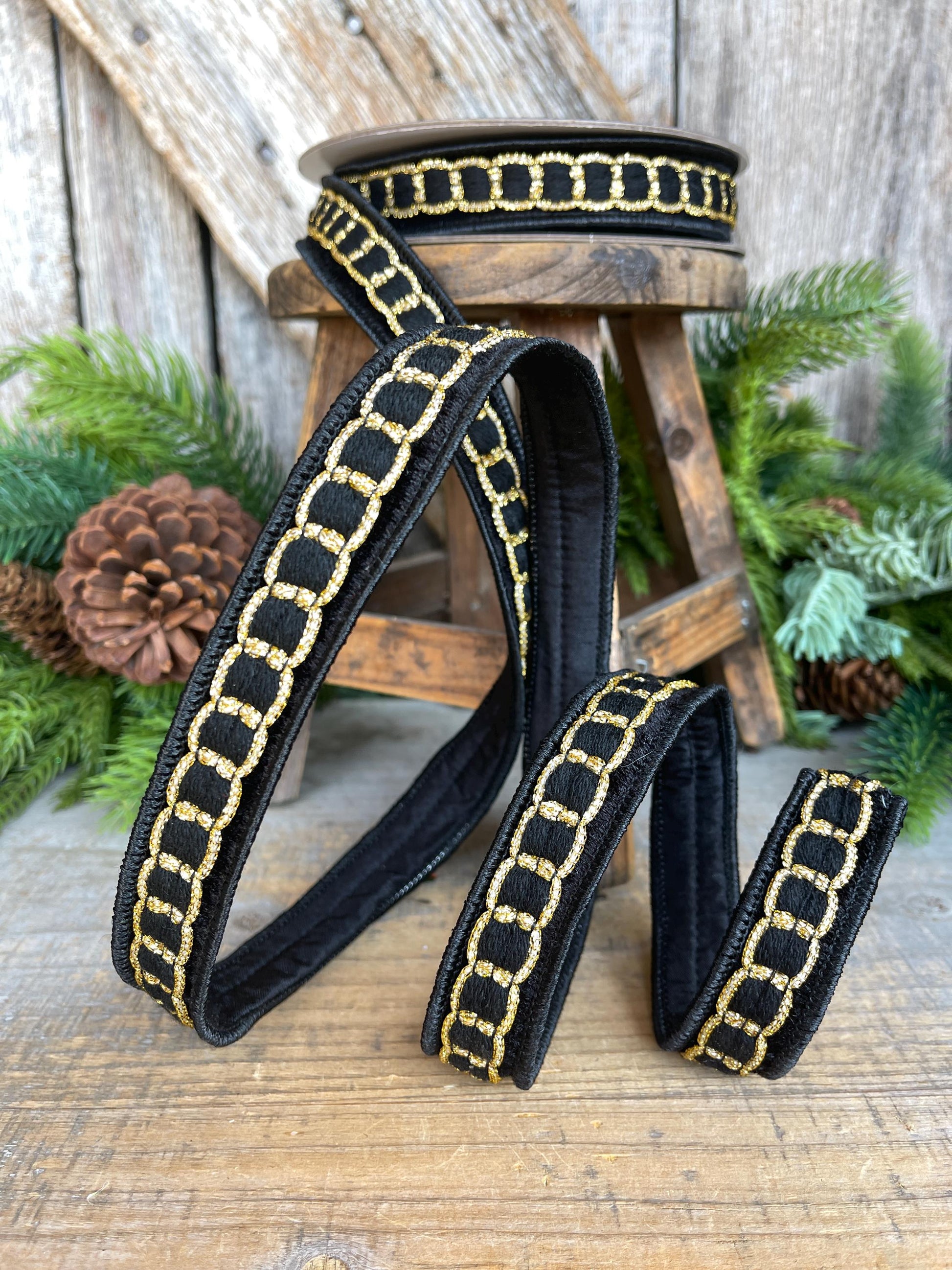 1" Black Gold Chain Ribbon, Farrisilk Ribbon, Beverly Chain Ribbon, Christmas Ribbon, RC270-92