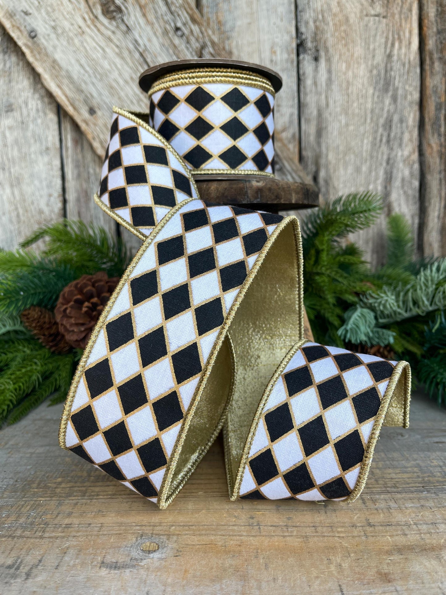 2.5" Black and White Harlequin Ribbon, Christmas Ribbon
