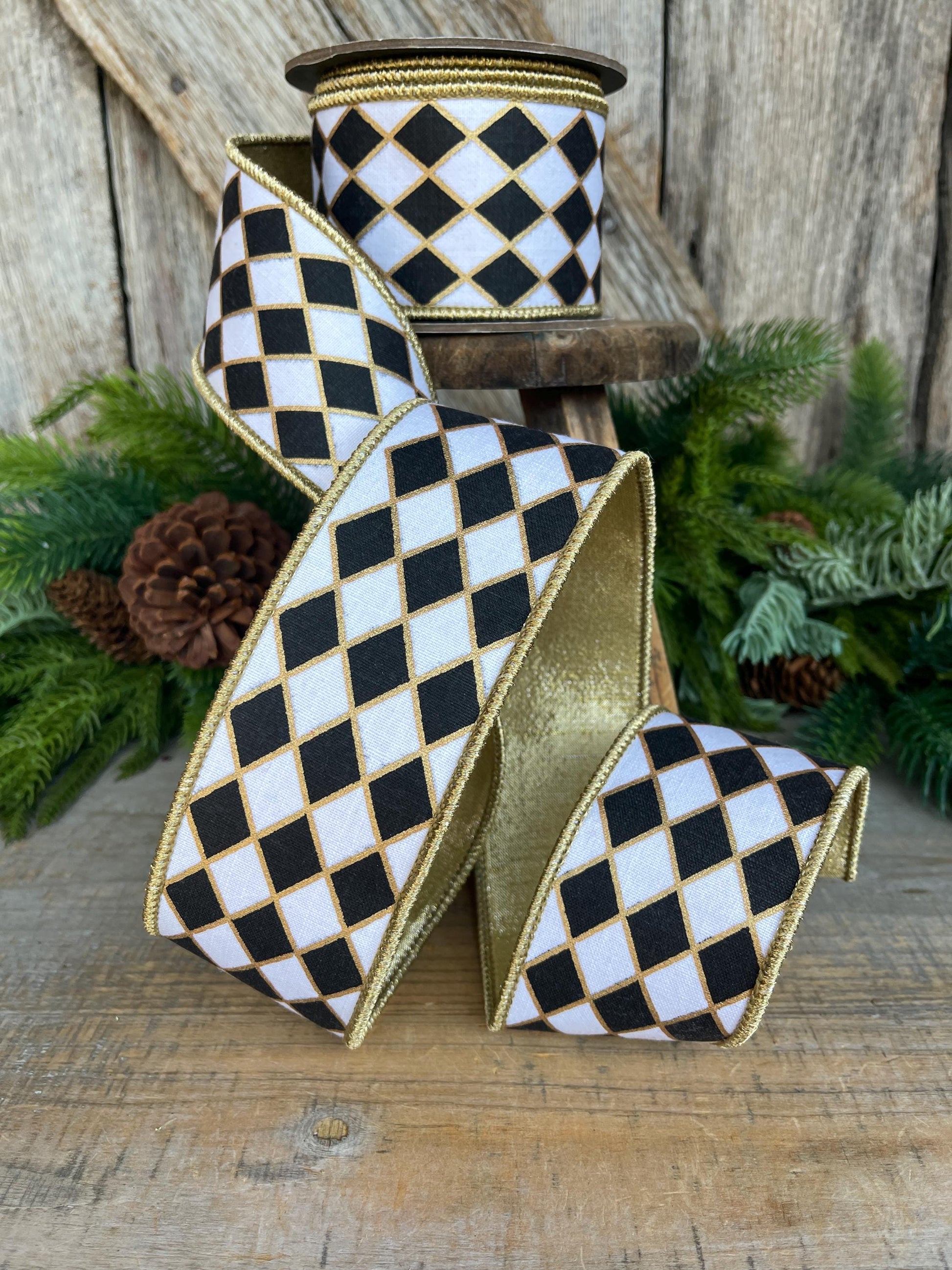 2.5" Black and White Harlequin Ribbon, Christmas Ribbon