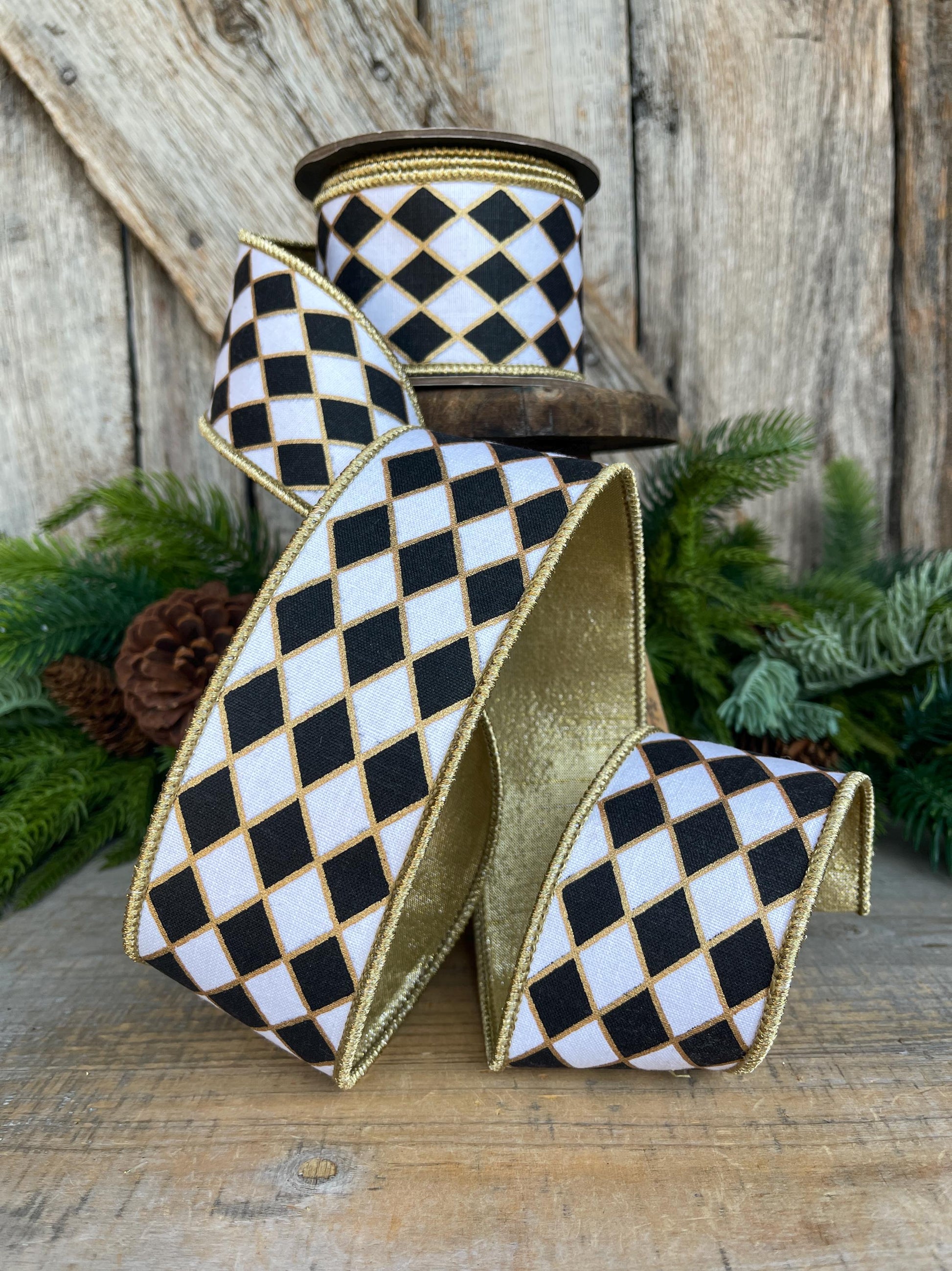 2.5" Black and White Harlequin Ribbon, Christmas Ribbon
