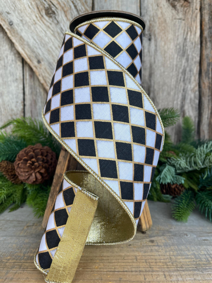 4" Black and White Harlequin Ribbon, Christmas Ribbon