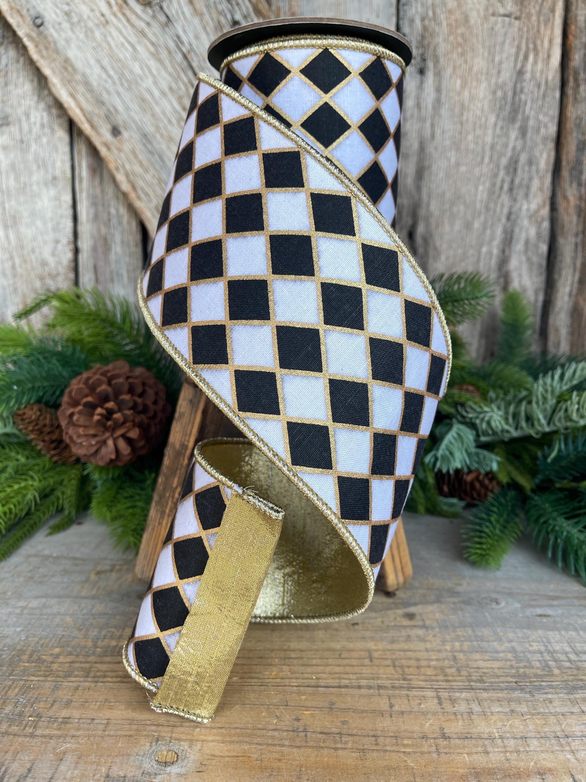 4" Black and White Harlequin Ribbon, Christmas Ribbon