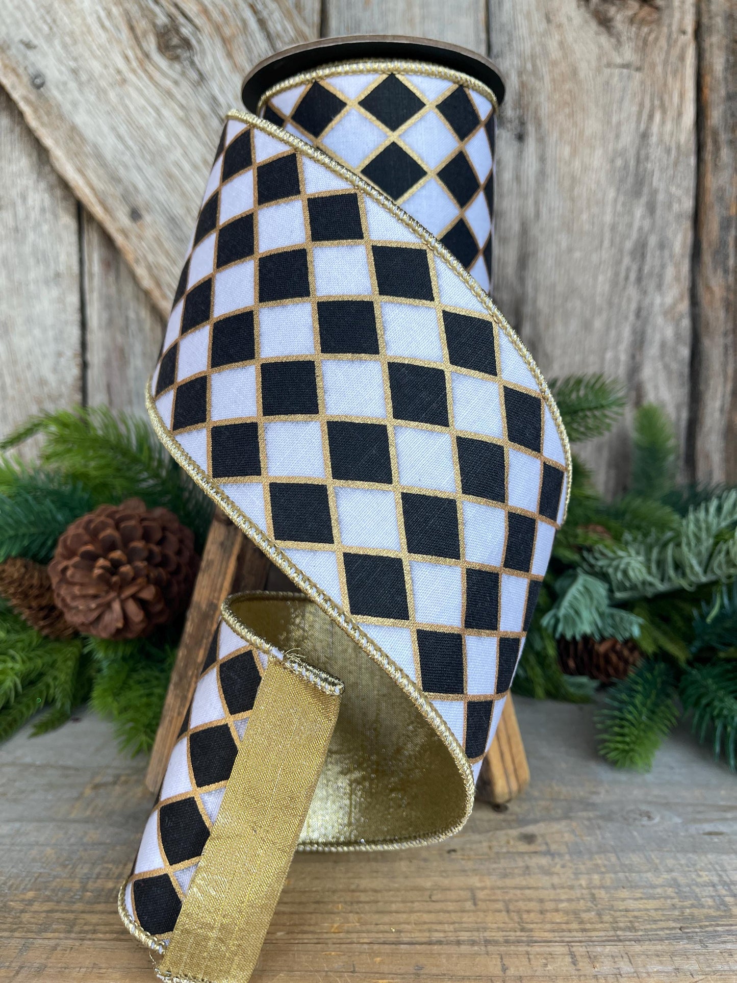 4" Black and White Harlequin Ribbon, Christmas Ribbon