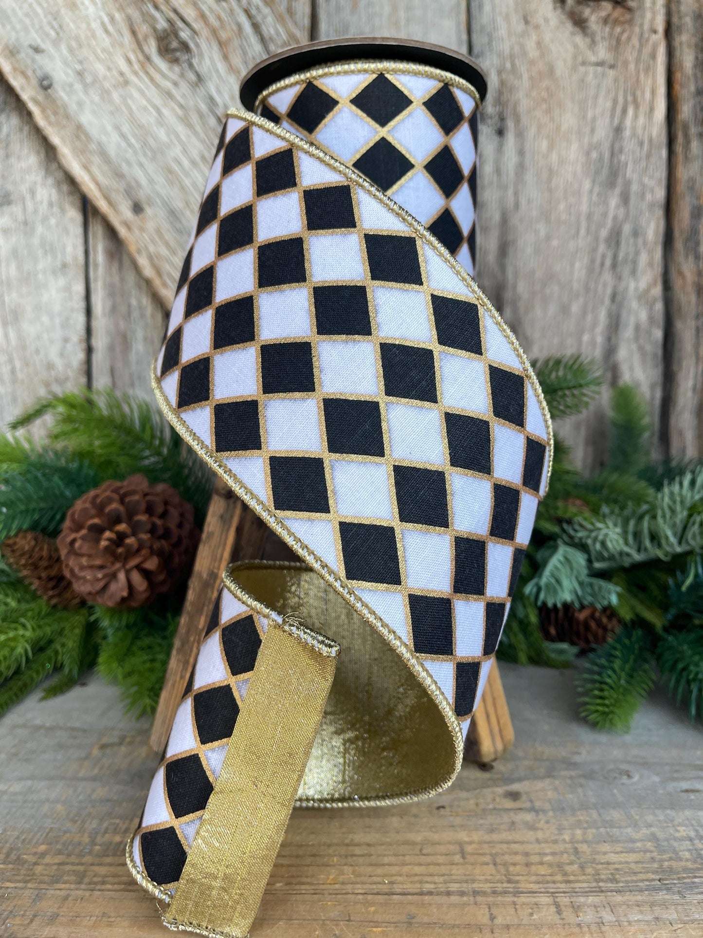 4" Black and White Harlequin Ribbon, Christmas Ribbon