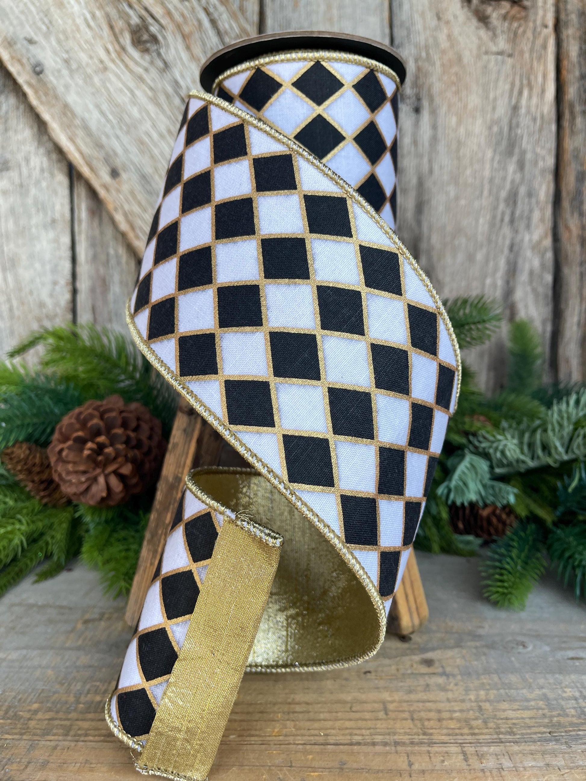 4" Black and White Harlequin Ribbon, Christmas Ribbon