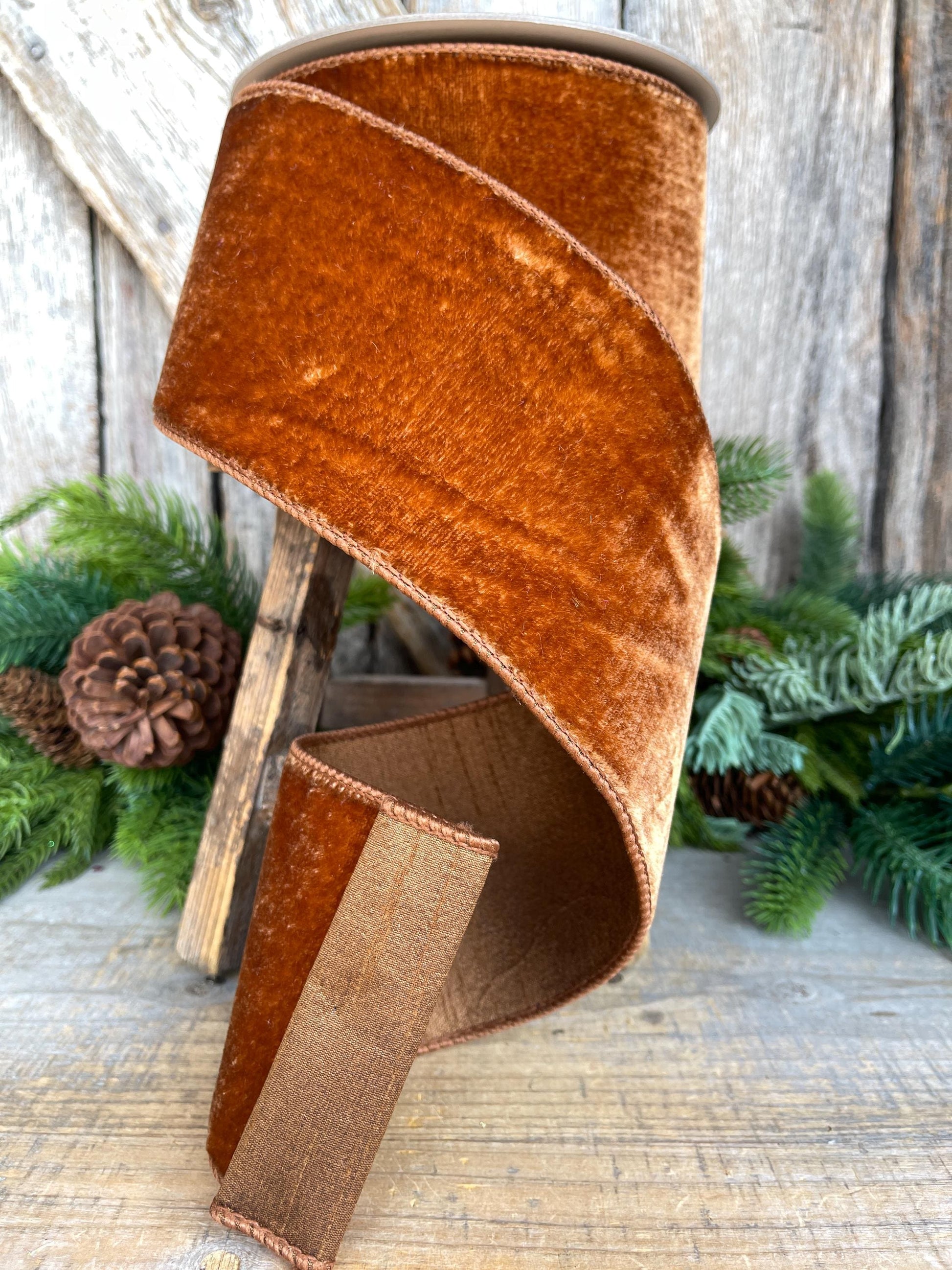 4” Pecan Brown Velvet Ribbon, Farrisilk ribbon, Velvet ribbon, Christmas Ribbon, Wired Ribbon, wood ribbon, Velvet ribbon, Christmas tree