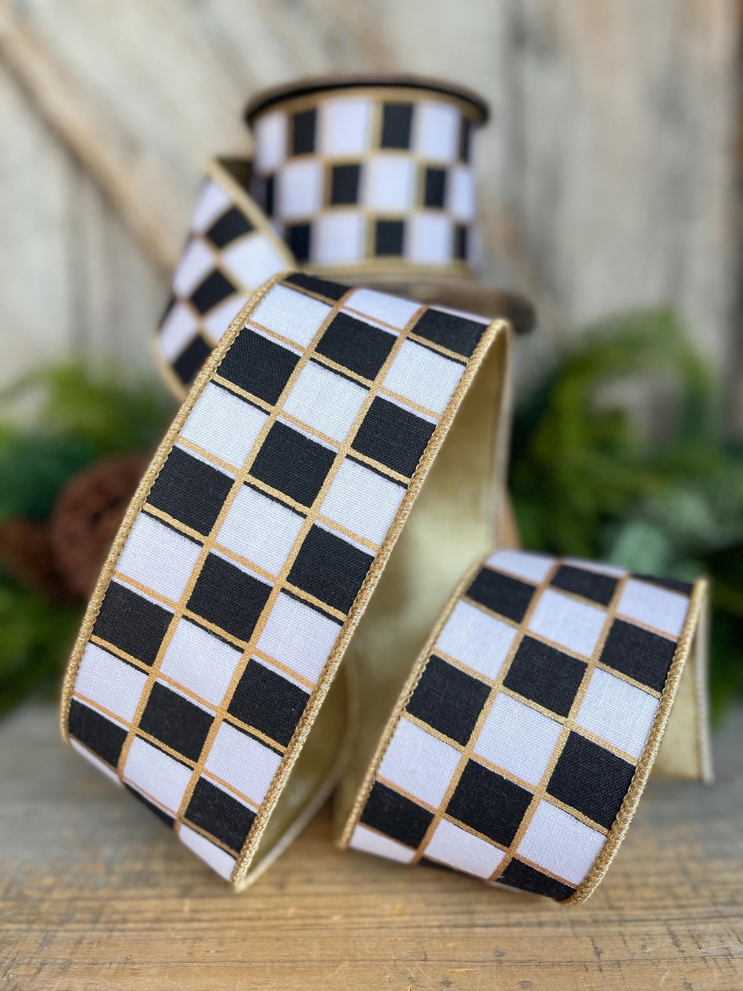 2.5" Black and White Check Ribbon, Christmas Ribbon