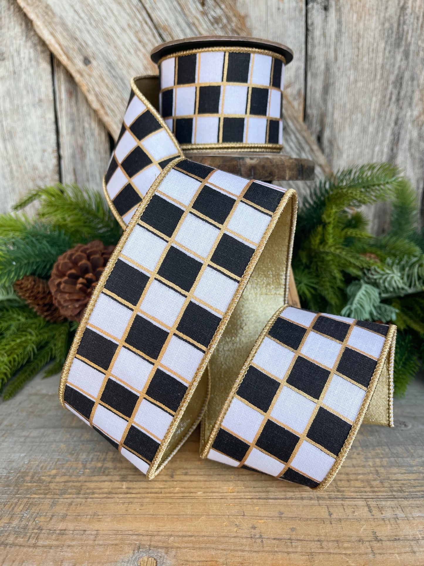 2.5" Black and White Check Ribbon, Christmas Ribbon