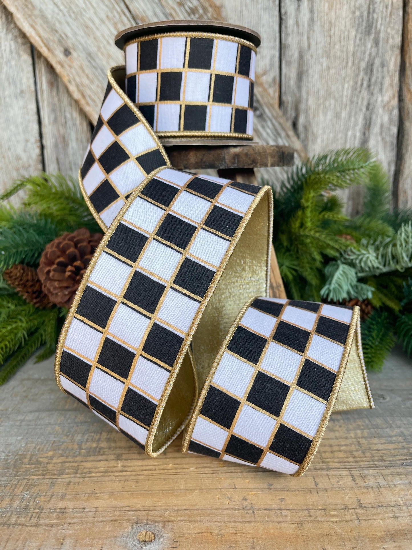 2.5" Black and White Check Ribbon, Christmas Ribbon