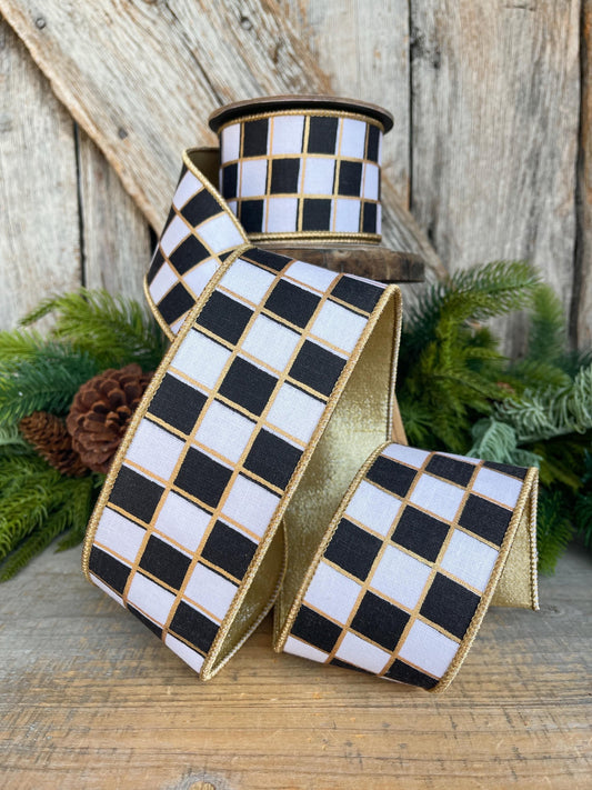 2.5" Black and White Check Ribbon, Christmas Ribbon
