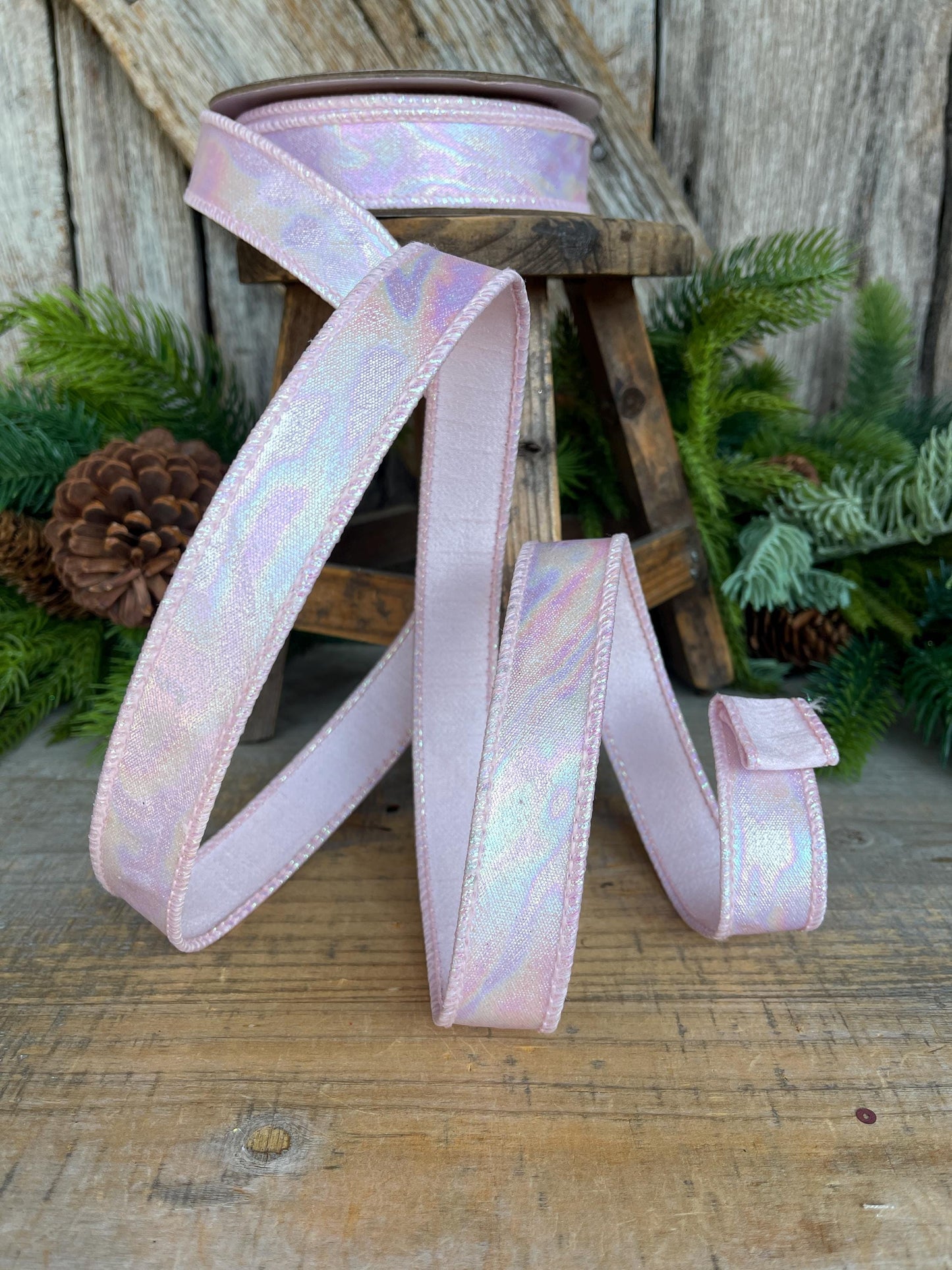 1" Pink Iridescent Ribbon, Farrisilk Ribbon, Pink Aurora Ribbon