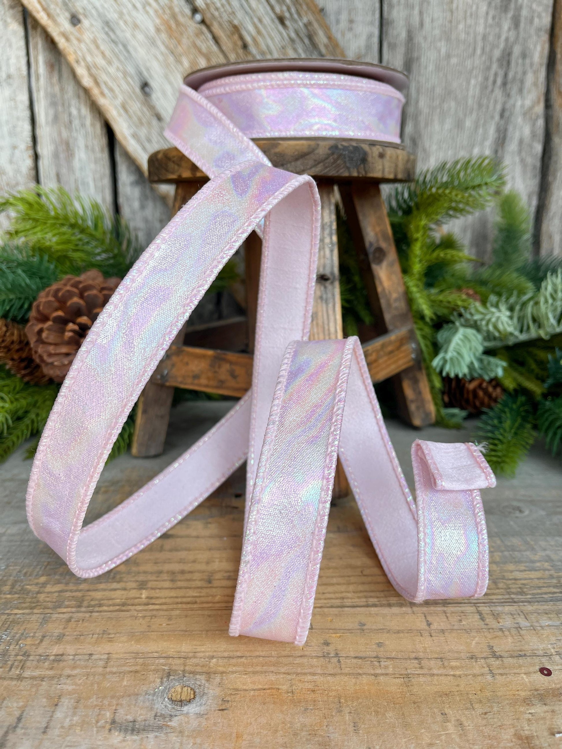 1" Pink Iridescent Ribbon, Farrisilk Ribbon, Pink Aurora Ribbon