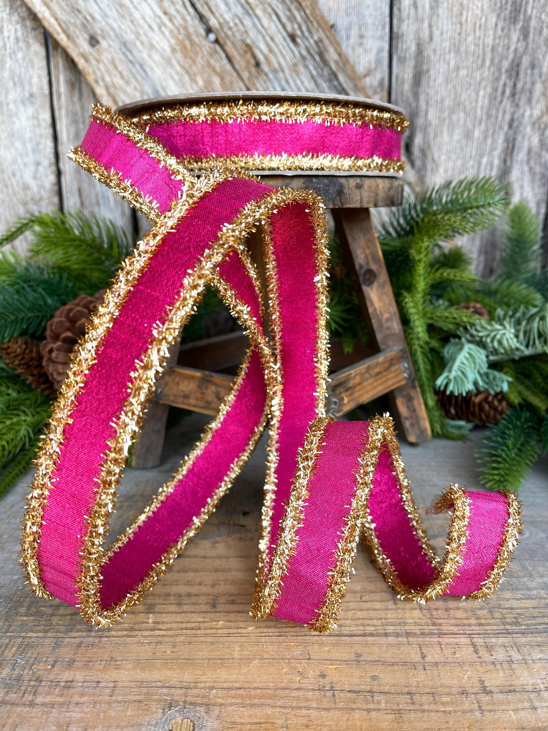 1" Hot Pink &amp; Gold Ribbon, Christmas Ribbon, Farrisilk ribbon