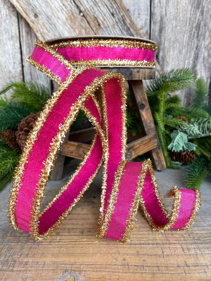 1" Hot Pink &amp; Gold Ribbon, Christmas Ribbon, Farrisilk ribbon