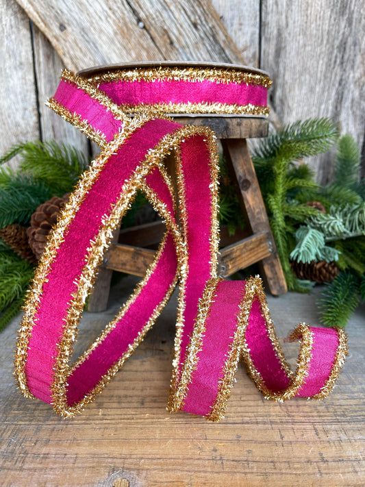 1" Hot Pink & Gold Ribbon, Christmas Ribbon, Farrisilk ribbon