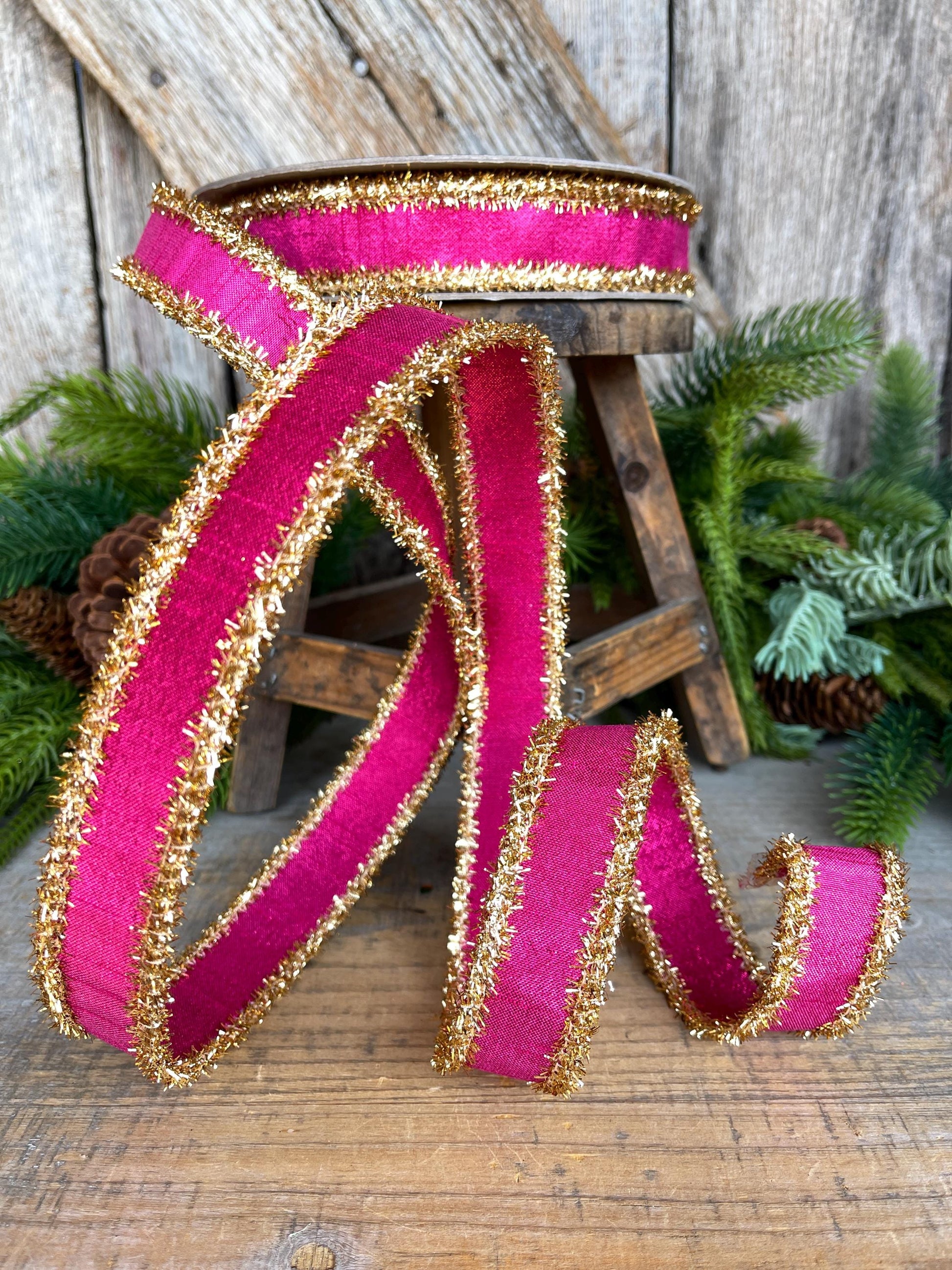 1" Hot Pink & Gold Ribbon, Christmas Ribbon, Farrisilk ribbon, 1" x 10 yards, RK790-15, RK790-15