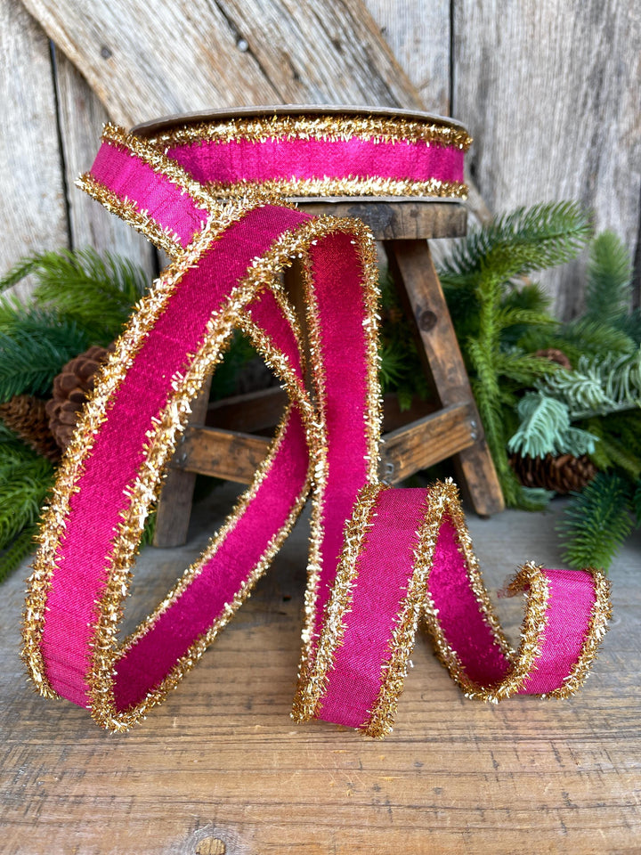 1" Hot Pink &amp; Gold Ribbon, Christmas Ribbon, Farrisilk ribbon