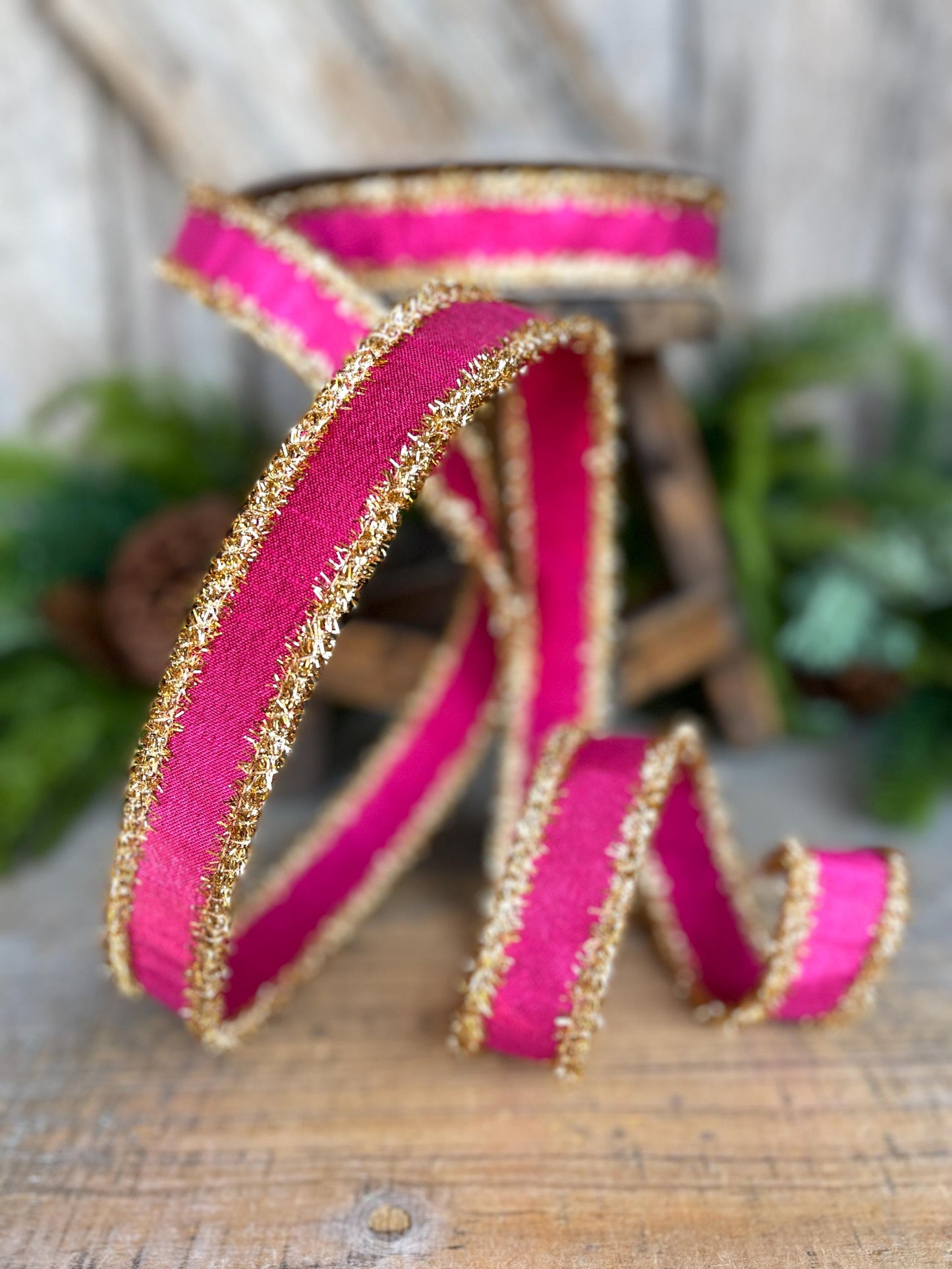 1" Hot Pink & Gold Ribbon, Christmas Ribbon, Farrisilk ribbon, 1" x 10 yards, RK790-15, RK790-15