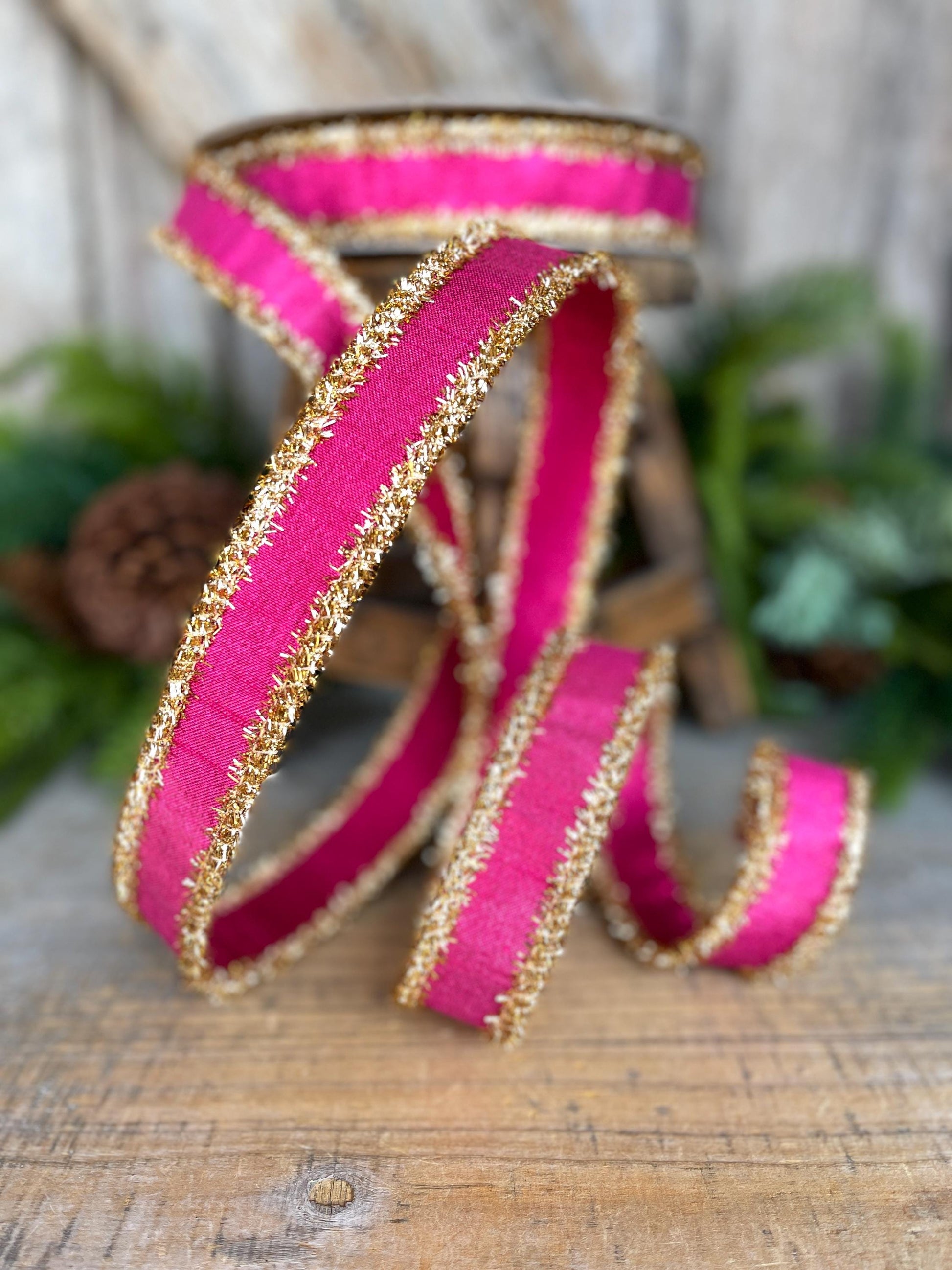 1" Hot Pink & Gold Ribbon, Christmas Ribbon, Farrisilk ribbon, 1" x 10 yards, RK790-15, RK790-15